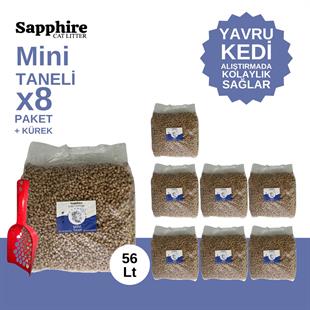 Sapphire Mini Topaklanan Tozsuz İnce Taneli Kedi Kumu 56 Lt + Kürek (7 Lt x 8 Adet)