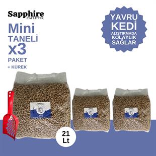 Sapphire Mini Topaklanan Tozsuz İnce Taneli Kedi Kumu 21 Lt + Kürek (7 Lt x 3 Adet)