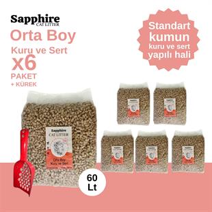 Sapphire Orta Boy Kuru ve Sert Topaklanan Kedi Kumu 60 Lt + Kürek (10 Lt x 6 Adet)