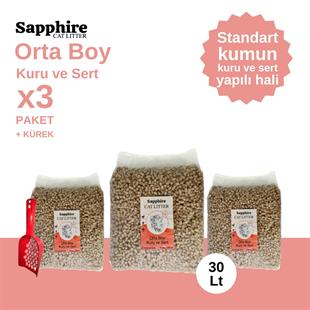Sapphire Orta Boy Kuru ve Sert Topaklanan Kedi Kumu 30 Lt + Kürek (10 Lt x 3 Adet)