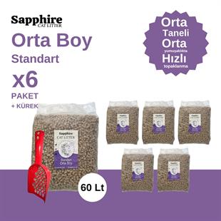 Sapphire Standart Orta Boy Orta Taneli Hızlı Topaklanan Kedi Kumu 60 Lt + Kürek (10 Lt x 6 Adet)