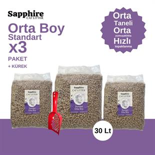Sapphire Standart Orta Boy Orta Taneli Hızlı Topaklanan Kedi Kumu 30 Lt + Kürek (10 Lt x 3 Adet)