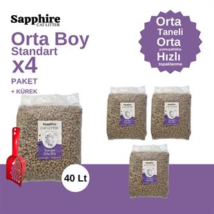 Sapphire Standart Orta Boy Orta Taneli Hızlı Topaklanan Kedi Kumu 40 Lt + Kürek (10 Lt x 4 Adet)