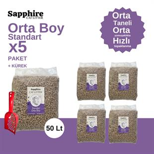 Sapphire Standart Orta Boy Orta Taneli Hızlı Topaklanan Kedi Kumu 50 Lt + Kürek (10 Lt x 5 Adet)