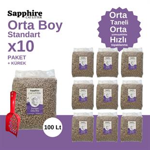 Sapphire Standart Orta Boy Orta Taneli Hızlı Topaklanan Kedi Kumu 100 Lt + Kürek (10 Lt x 10 Adet)