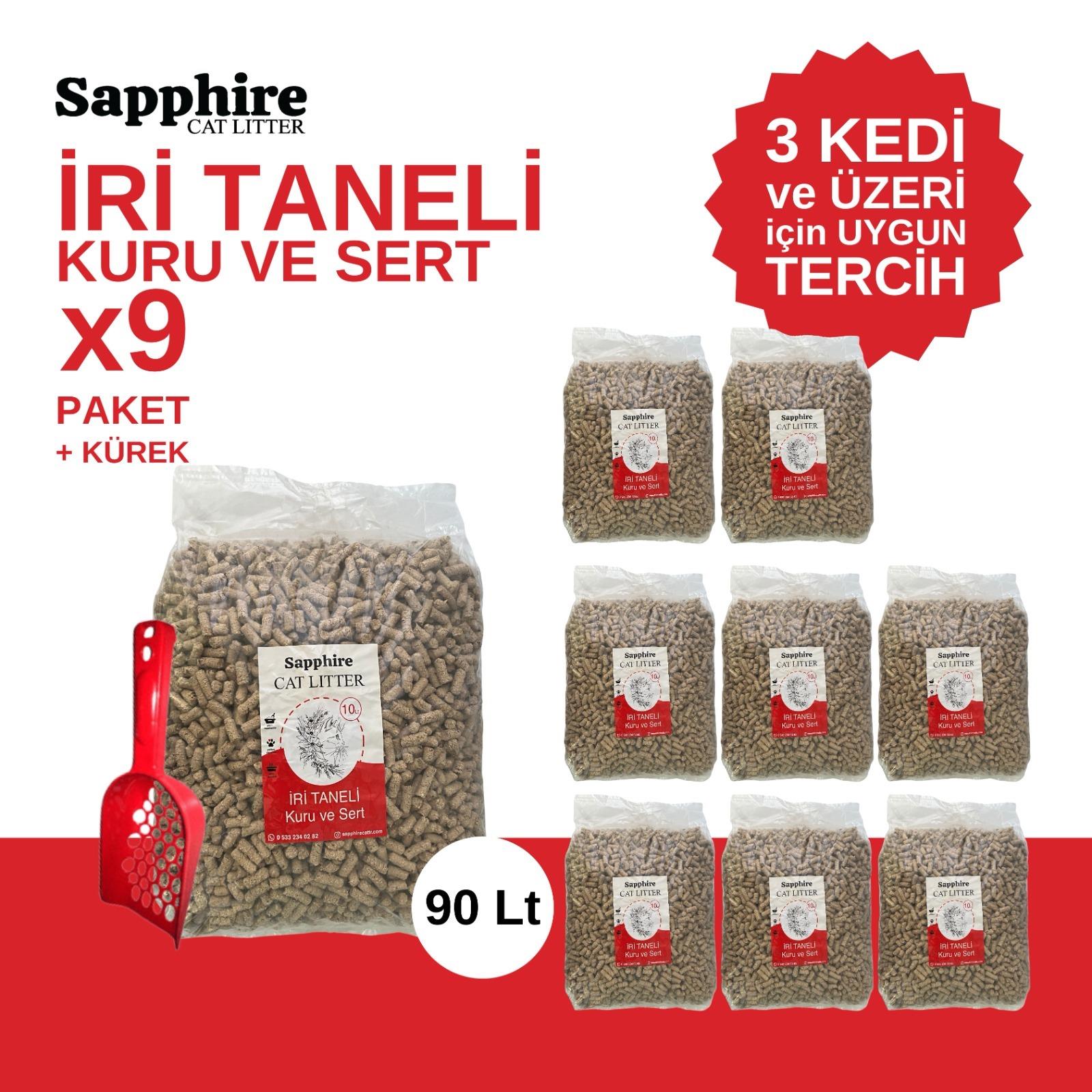 Sapphire İri & Kalın Taneli Topaklanan Kedi Kumu 90 Lt + Kürek (10 Lt x 9 Adet)