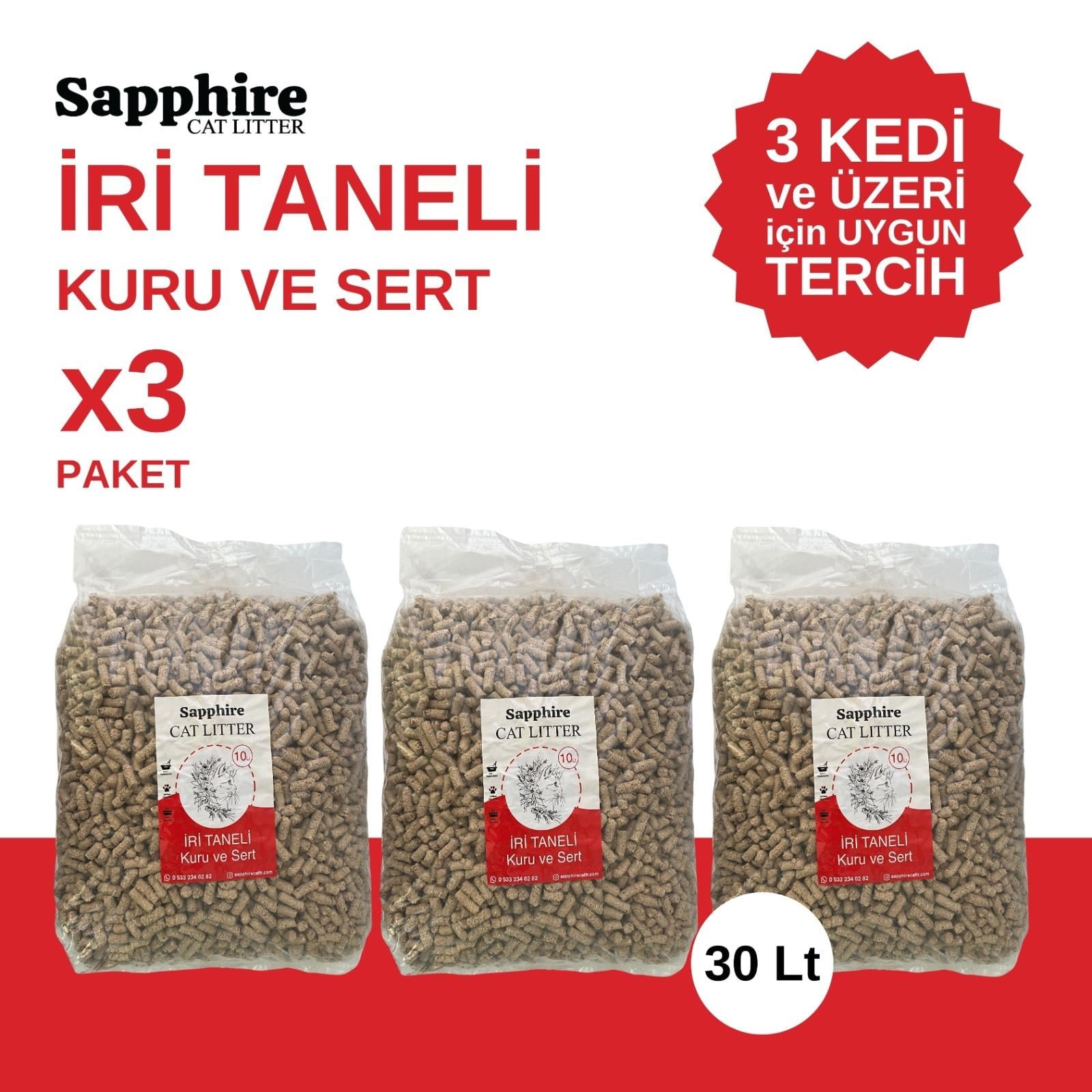 Sapphire İri & Kalın Taneli Topaklanan Kedi Kumu 30 Lt (10 Lt x 3 Adet)