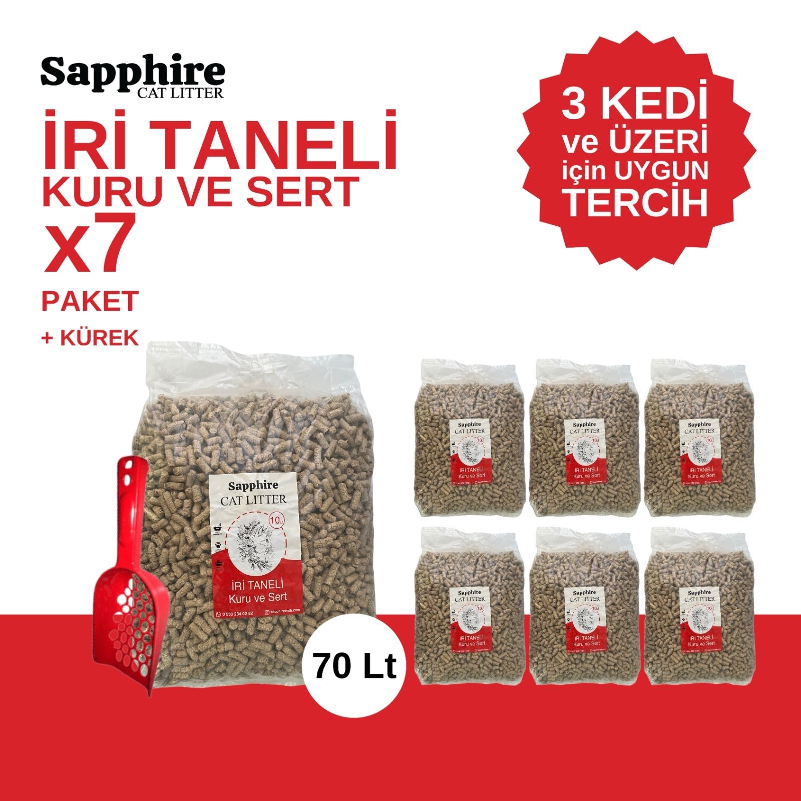 Sapphire İri & Kalın Taneli Topaklanan Kedi Kumu 70 Lt + Kürek (10 Lt x 7 Adet)