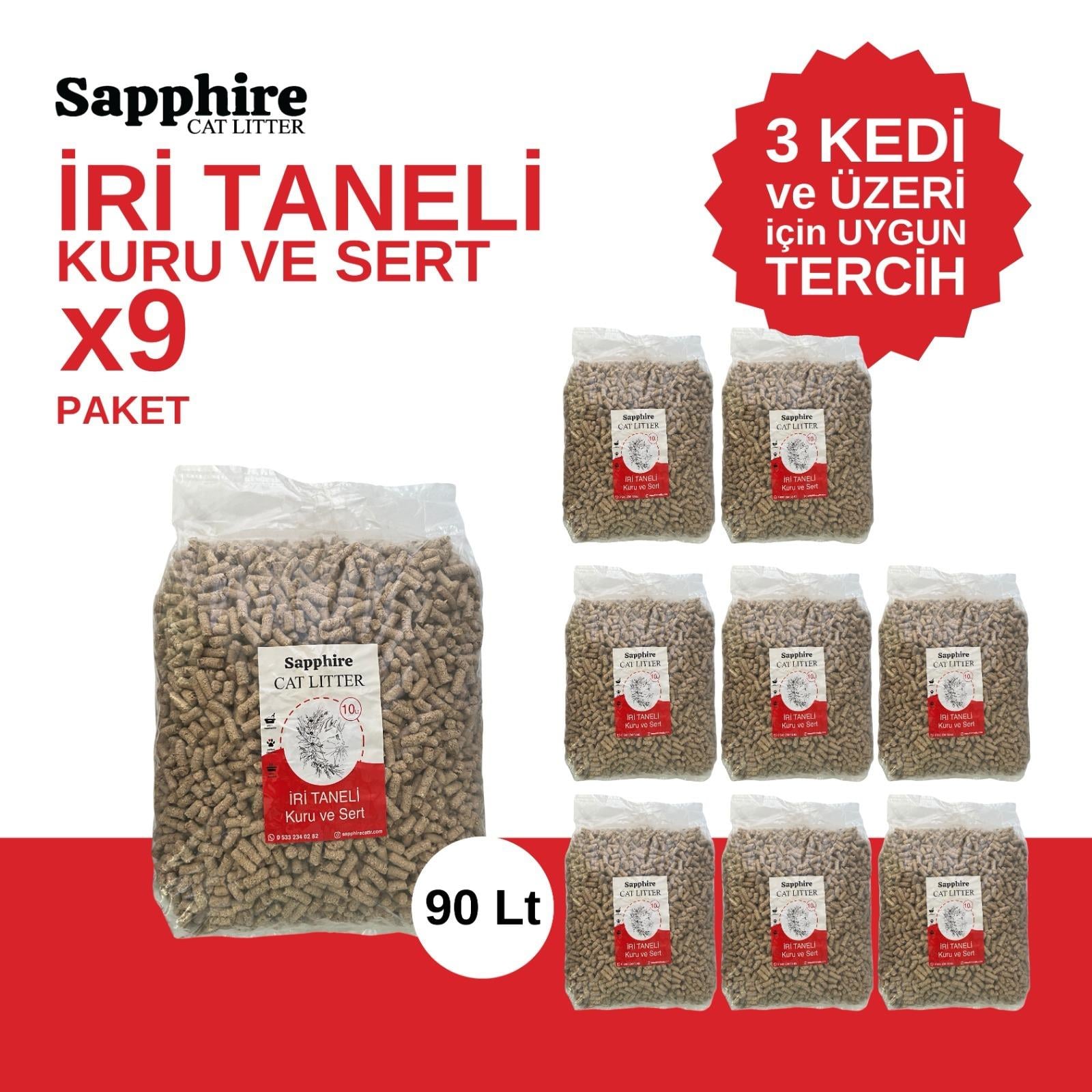 Sapphire İri & Kalın Taneli Topaklanan Kedi Kumu 90 Lt (10 Lt x 9 Adet)