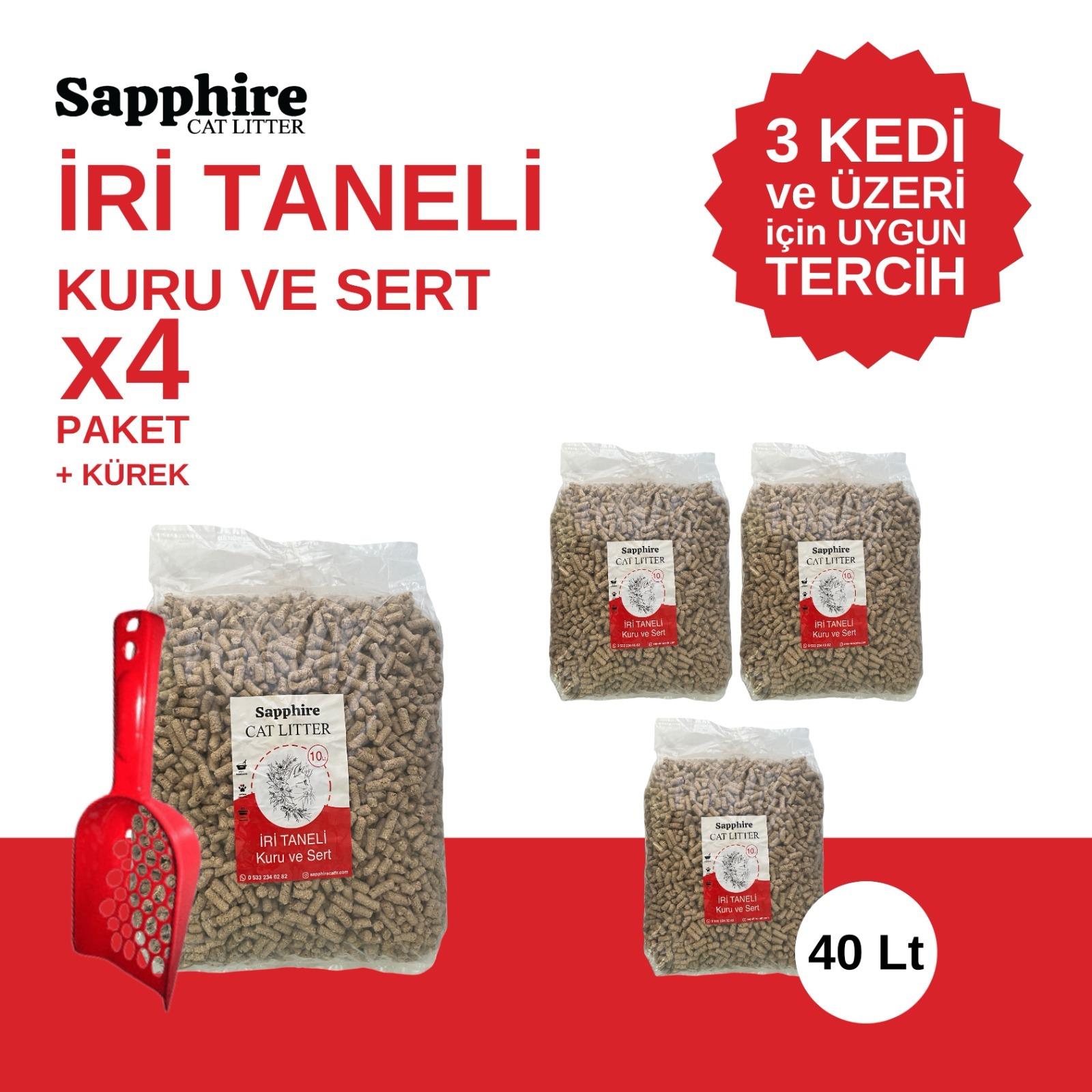 Sapphire İri & Kalın Taneli Topaklanan Kedi Kumu 40 Lt + Kürek (10 Lt x 4 Adet)