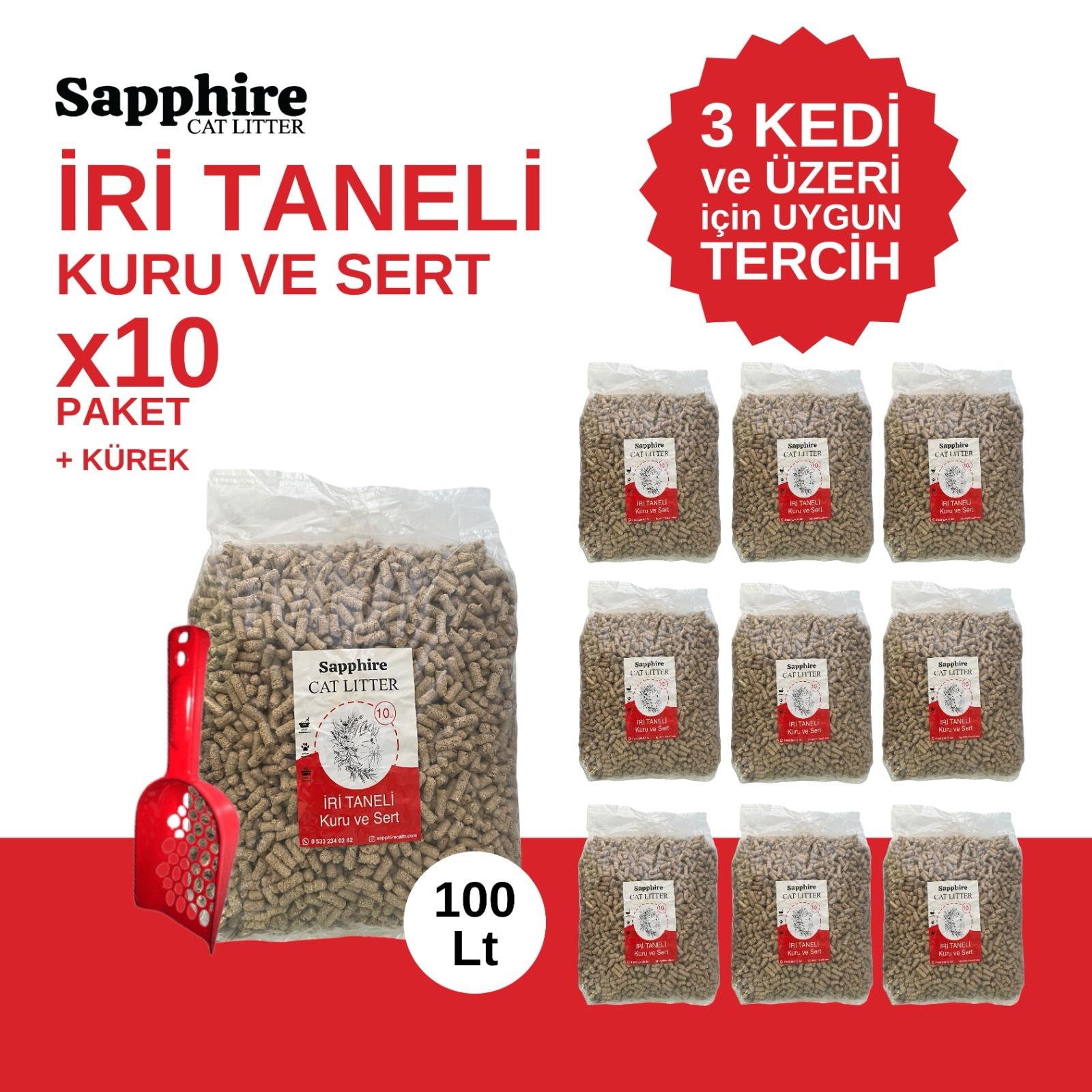 Sapphire İri & Kalın Taneli Topaklanan Kedi Kumu 100 Lt + Kürek (10 Lt x 10 Adet)