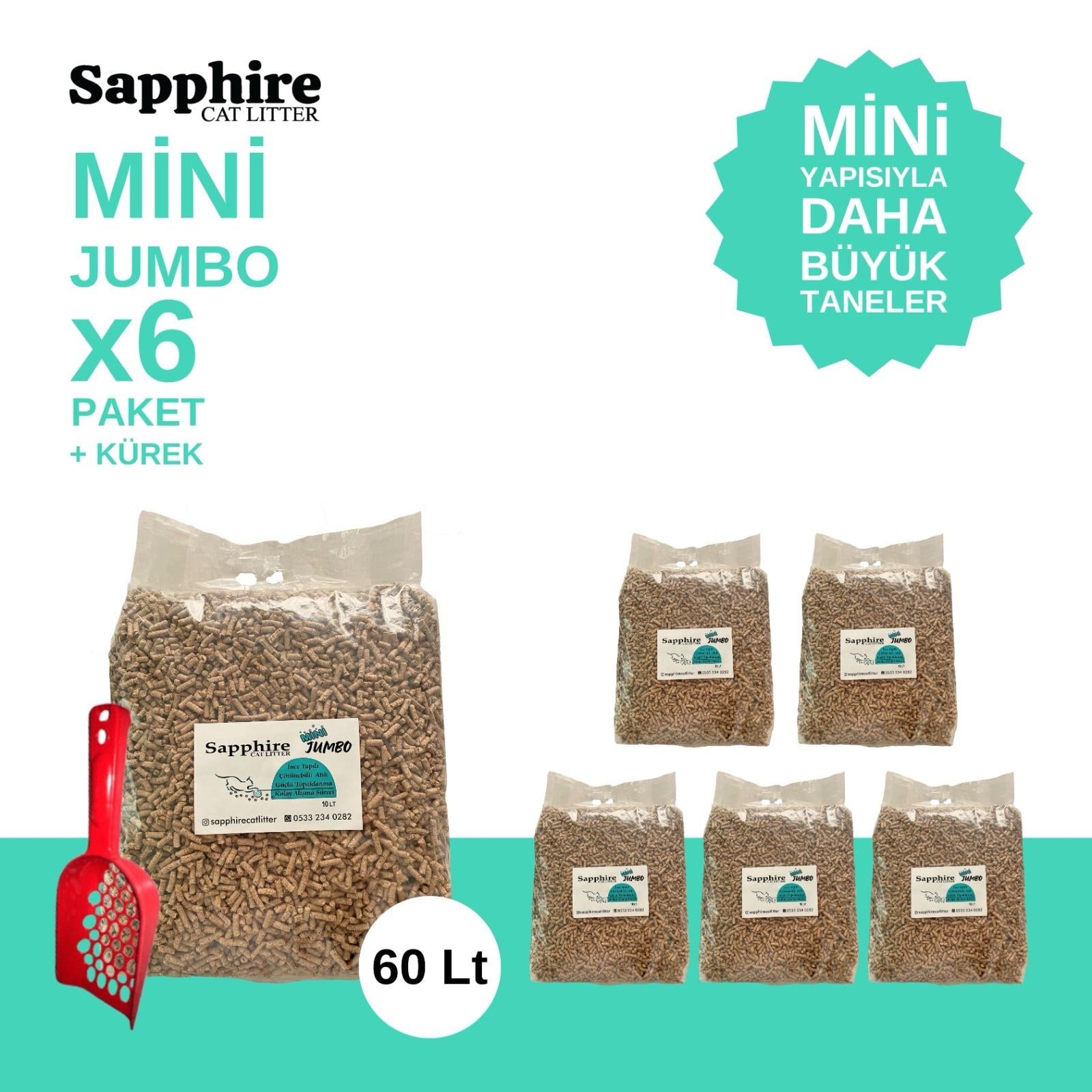 Sapphire Mini Jumbo İnce Taneli Hızlı Topaklanan Kedi Kumu 60 Lt + Kürek (10 Lt x 6 Adet)