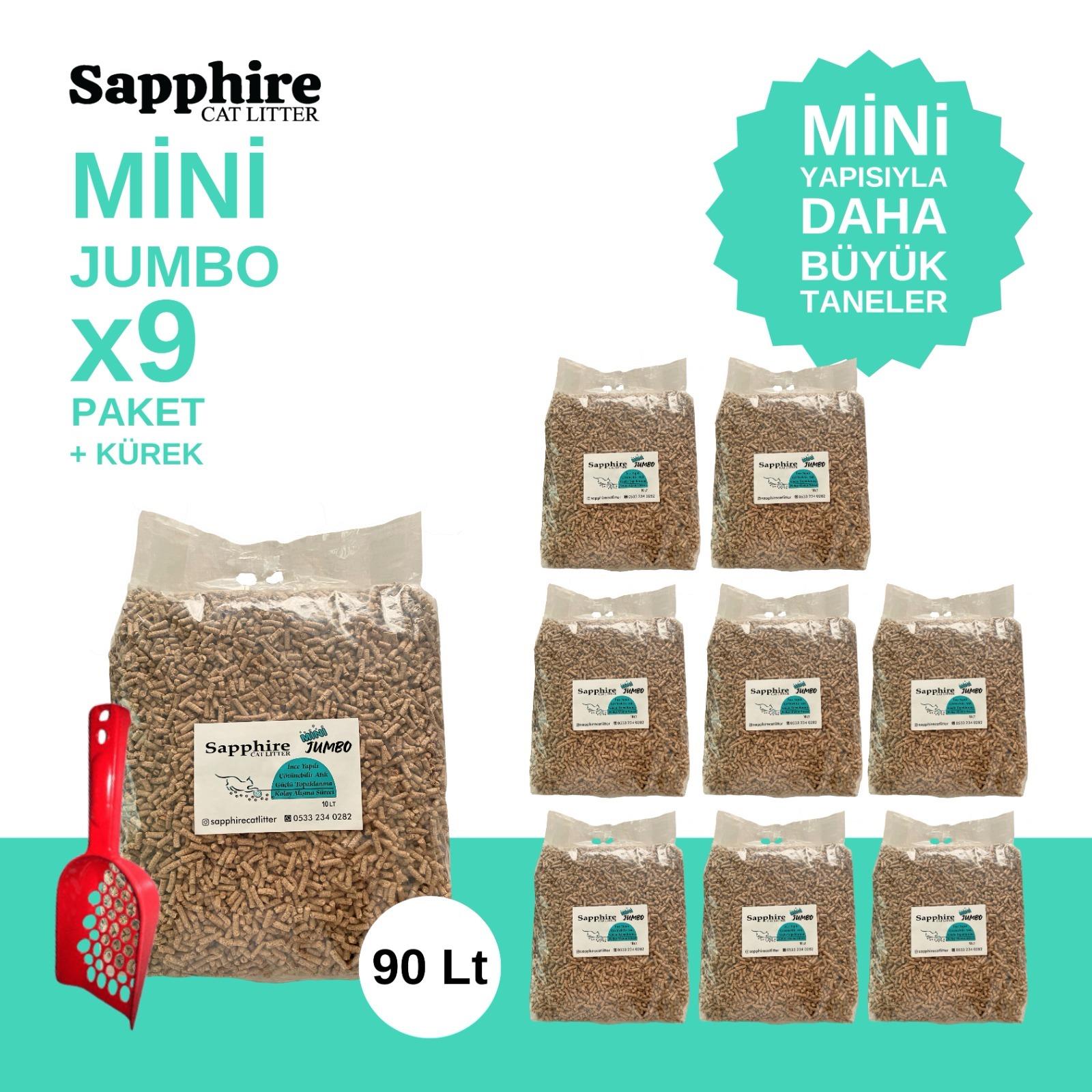 Sapphire Mini Jumbo İnce Taneli Hızlı Topaklanan Kedi Kumu 90 Lt + Kürek (10 Lt x 9 Adet)
