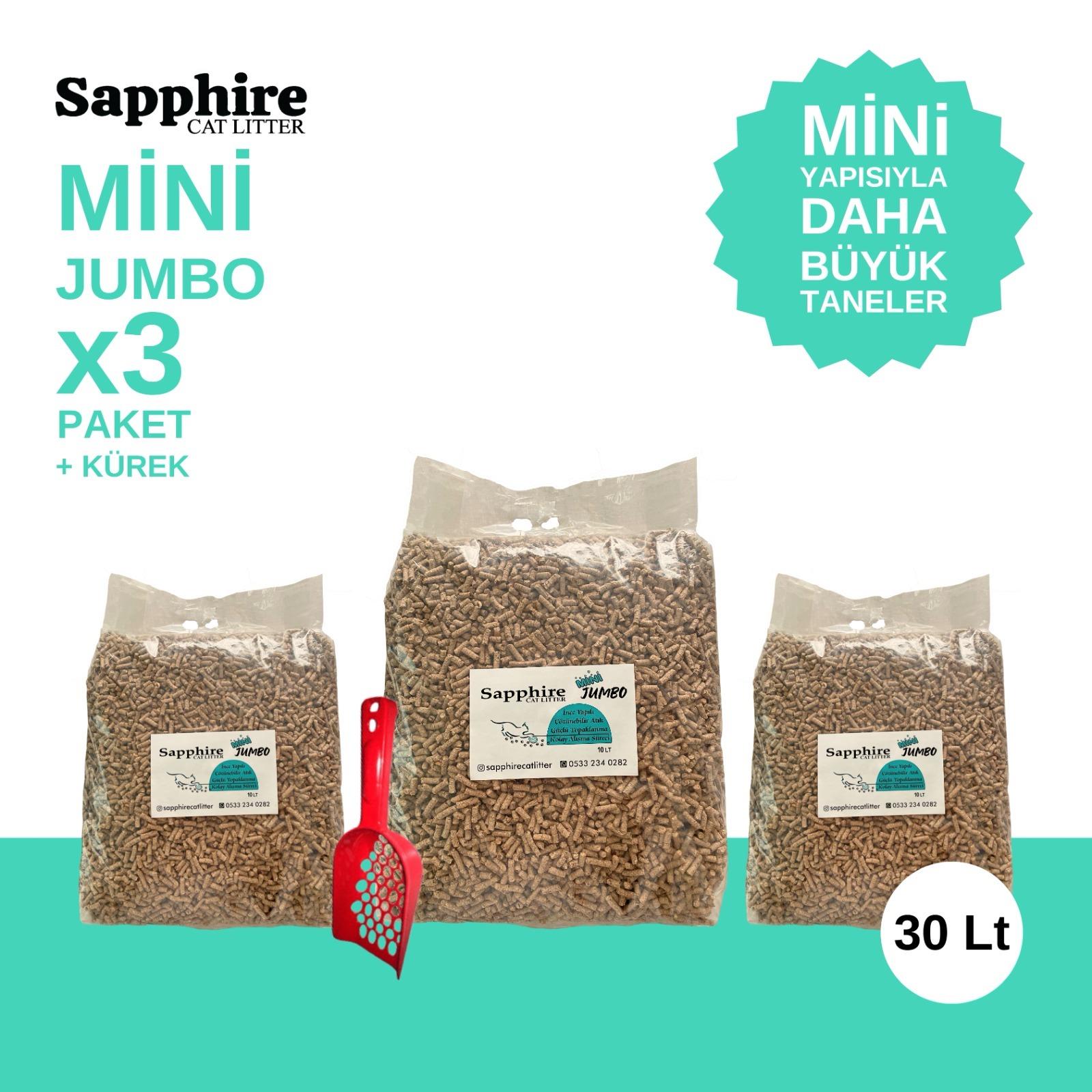 Sapphire Mini Jumbo İnce Taneli Hızlı Topaklanan Kedi Kumu 30 Lt + Kürek (10 Lt x 3 Adet)