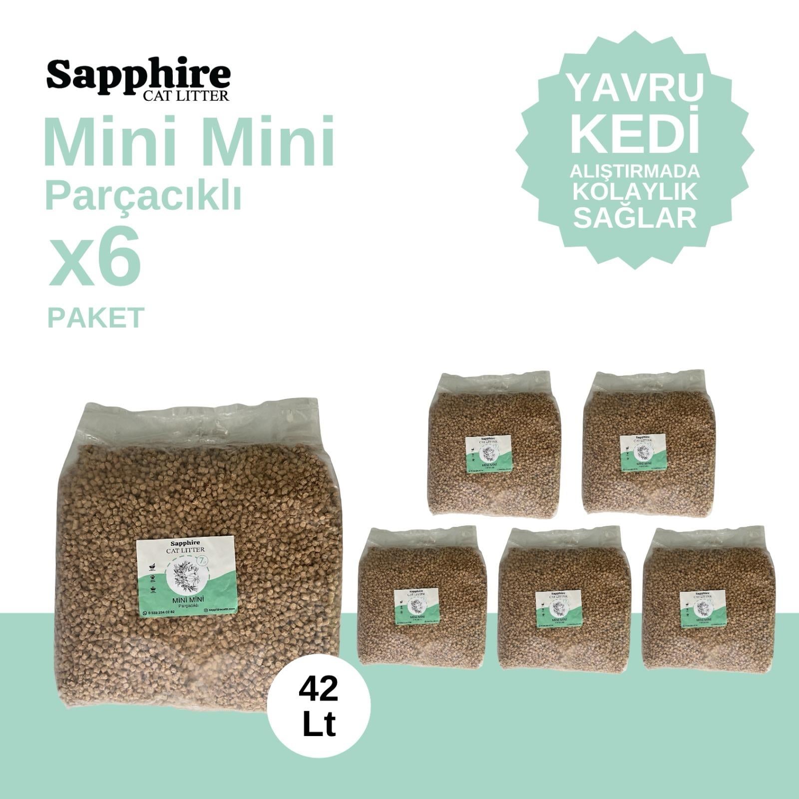Sapphire Mini Mini Parçacıklı Hızlı Topaklanan Tozsuz Kedi Kumu 42 Lt (7 Lt x 6 Adet)