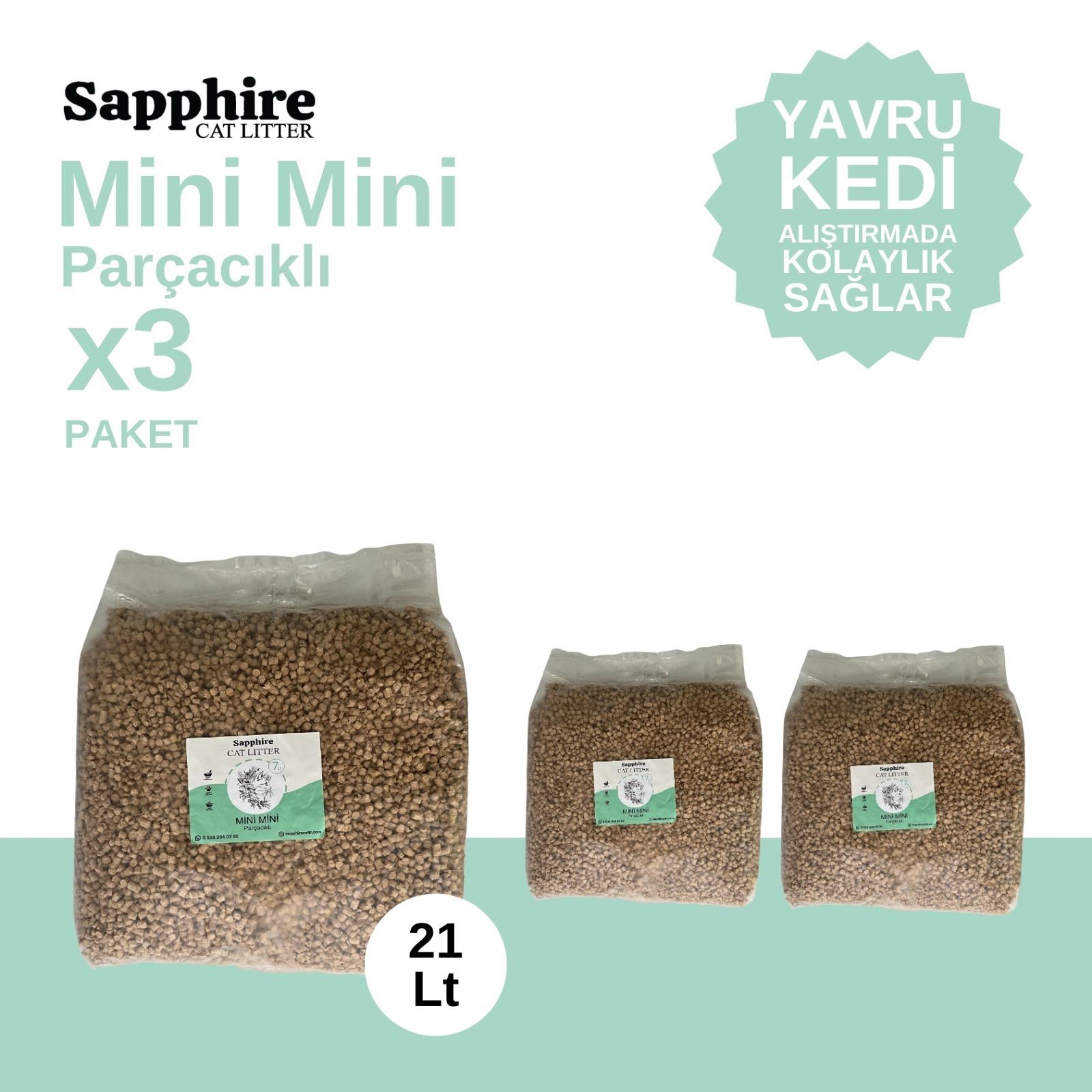Sapphire Mini Mini Parçacıklı Hızlı Topaklanan Tozsuz Kedi Kumu 21 Lt (7 Lt x 3 Adet)