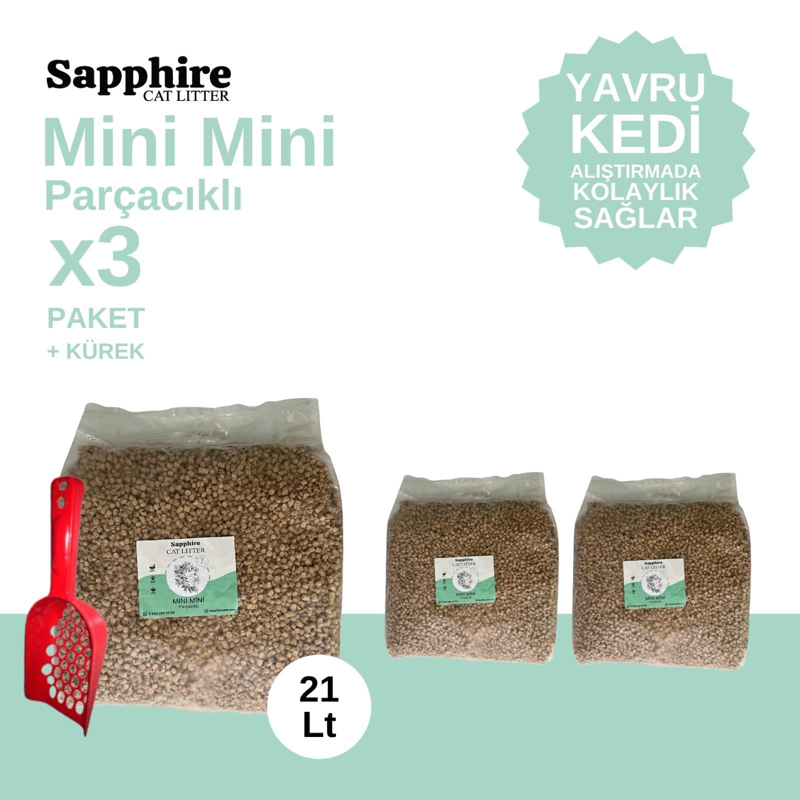 Sapphire Mini Mini Parçacıklı Hızlı Topaklanan Tozsuz Kedi Kumu 21 Lt + Kürek (7 Lt x 3 Adet)