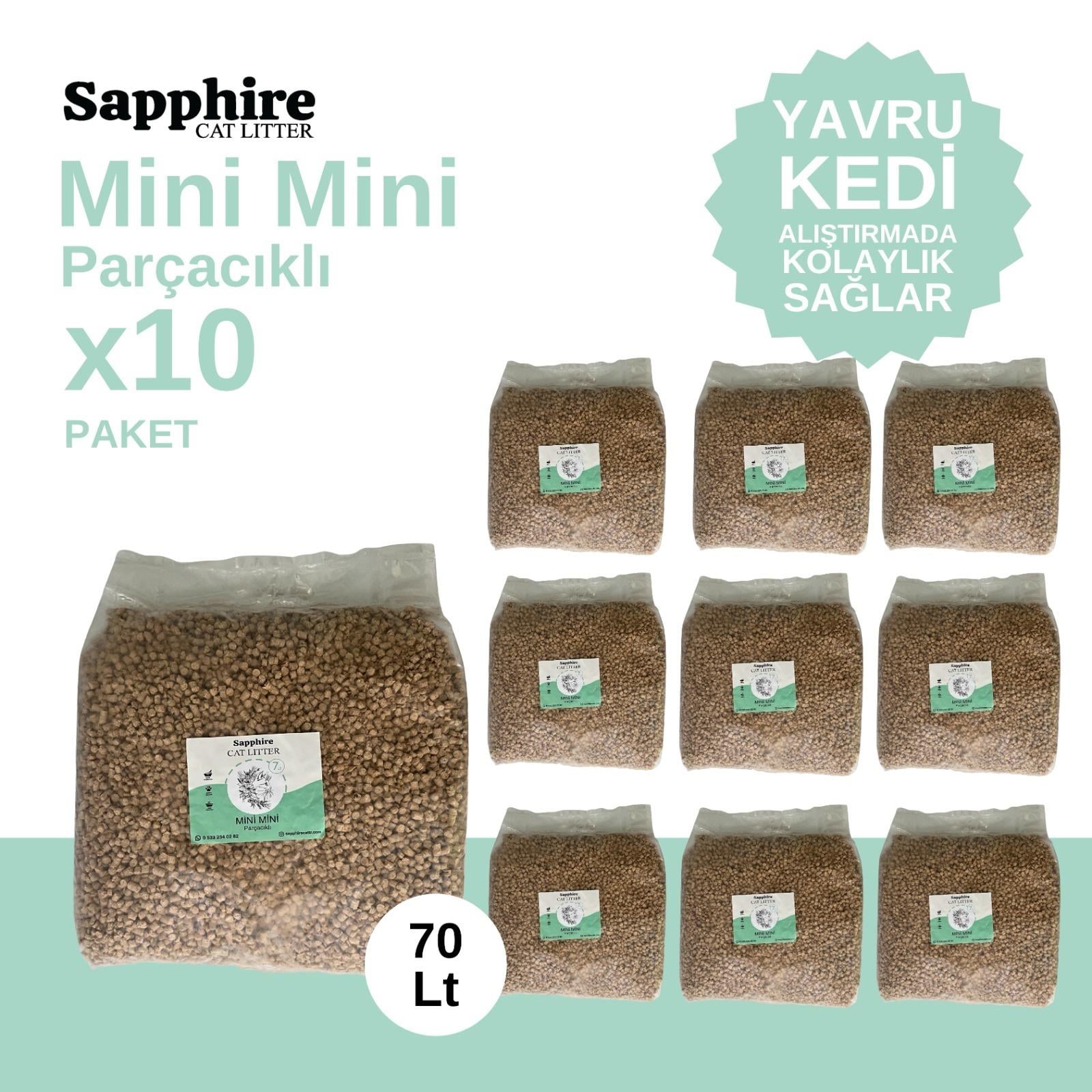 Sapphire Mini Mini Parçacıklı Hızlı Topaklanan Tozsuz Kedi Kumu 100 Lt (7 Lt x 10 Adet)