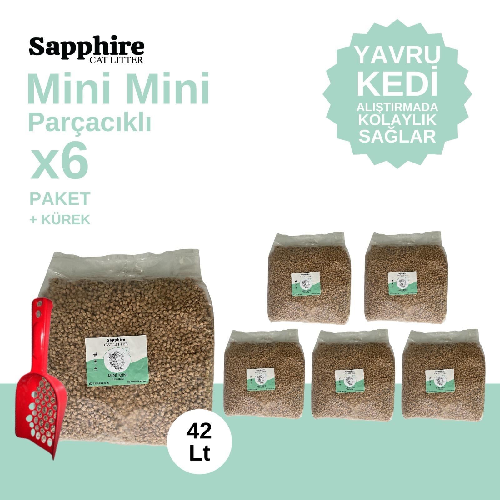 Sapphire Mini Mini Parçacıklı Hızlı Topaklanan Tozsuz Kedi Kumu 42 Lt + Kürek (7 Lt x 6 Adet)