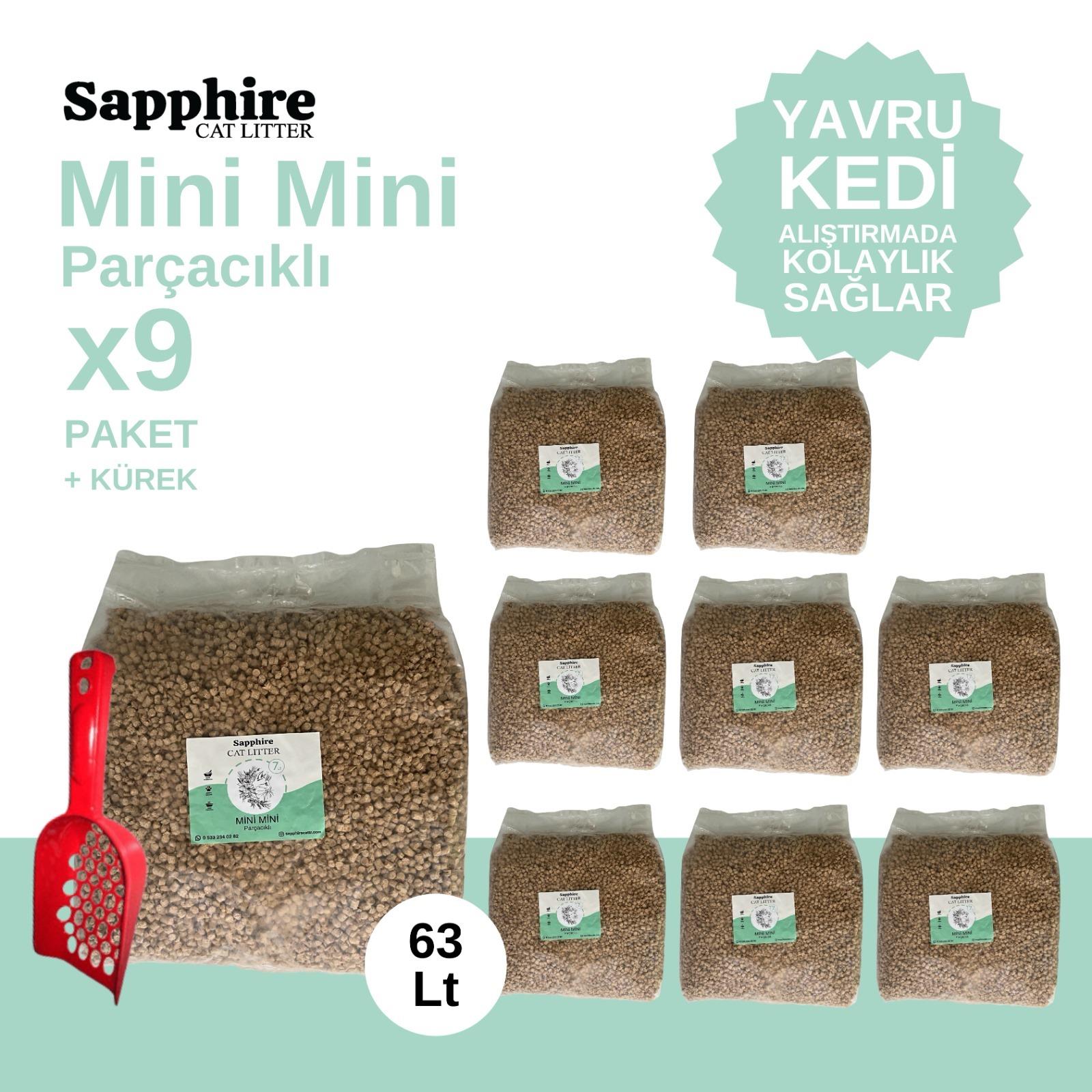 Sapphire Mini Mini Parçacıklı Topaklanan Tozsuz Kedi Kumu 63 Lt + Kürek (7 Lt x 9 Adet)