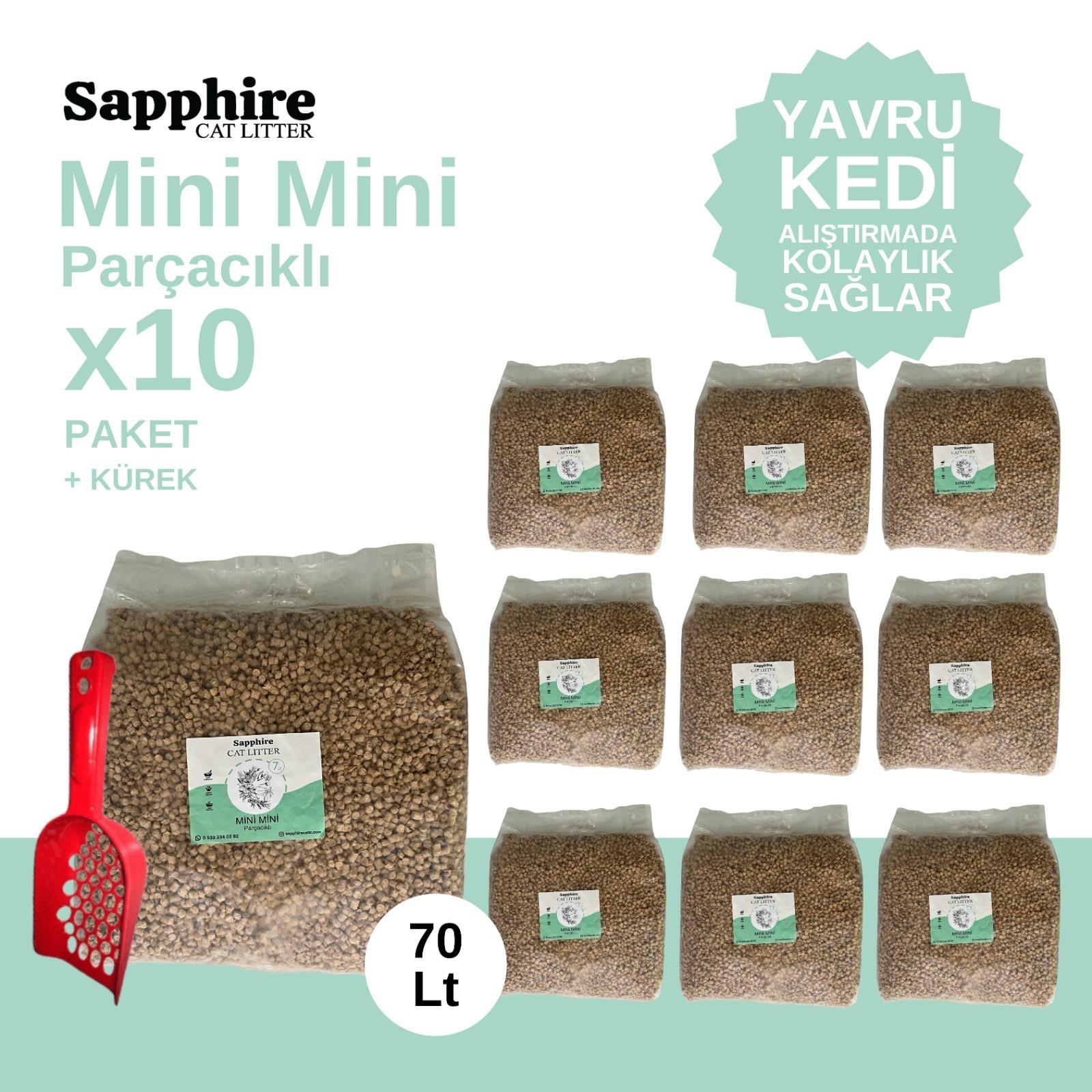 Sapphire Mini Mini Parçacıklı Topaklanan Tozsuz Kedi Kumu 70 Lt + Kürek (7 Lt x 10 Adet)