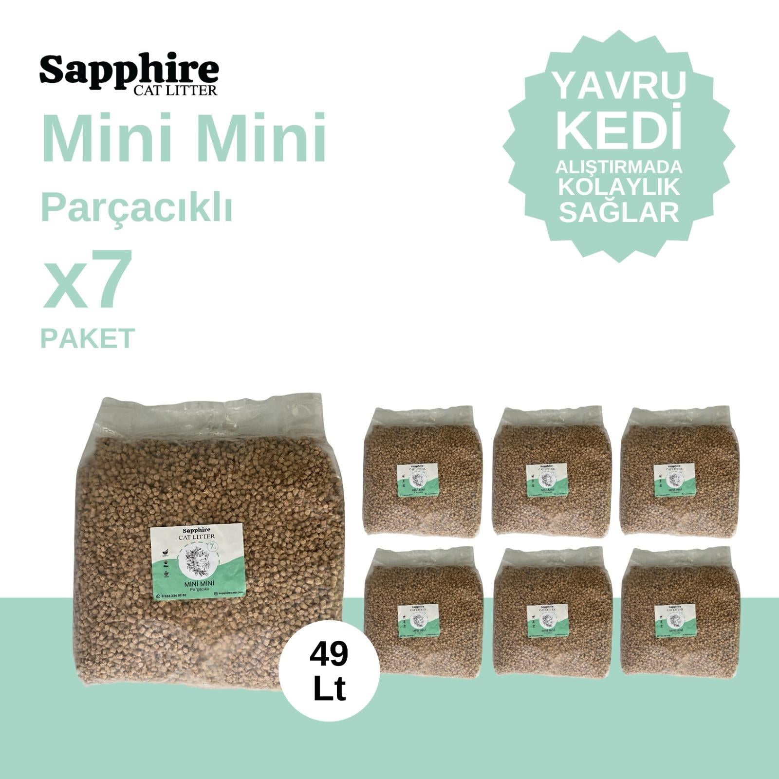 Sapphire Mini Mini Parçacıklı Topaklanan Tozsuz Kedi Kumu 49 Lt (7 Lt x 7 Adet)