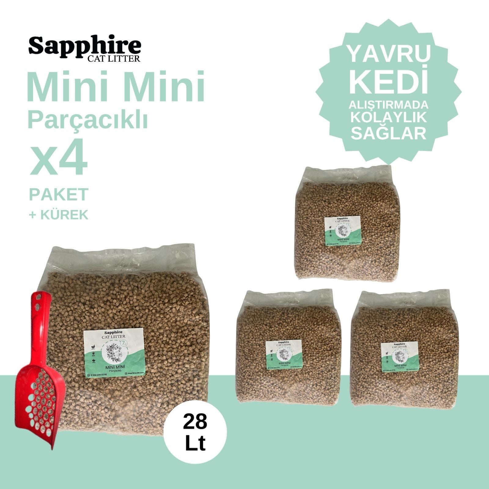 Sapphire Mini Mini Parçacıklı Topaklanan Tozsuz Kedi Kumu 28 Lt + Kürek (7 Lt x 4 Adet)