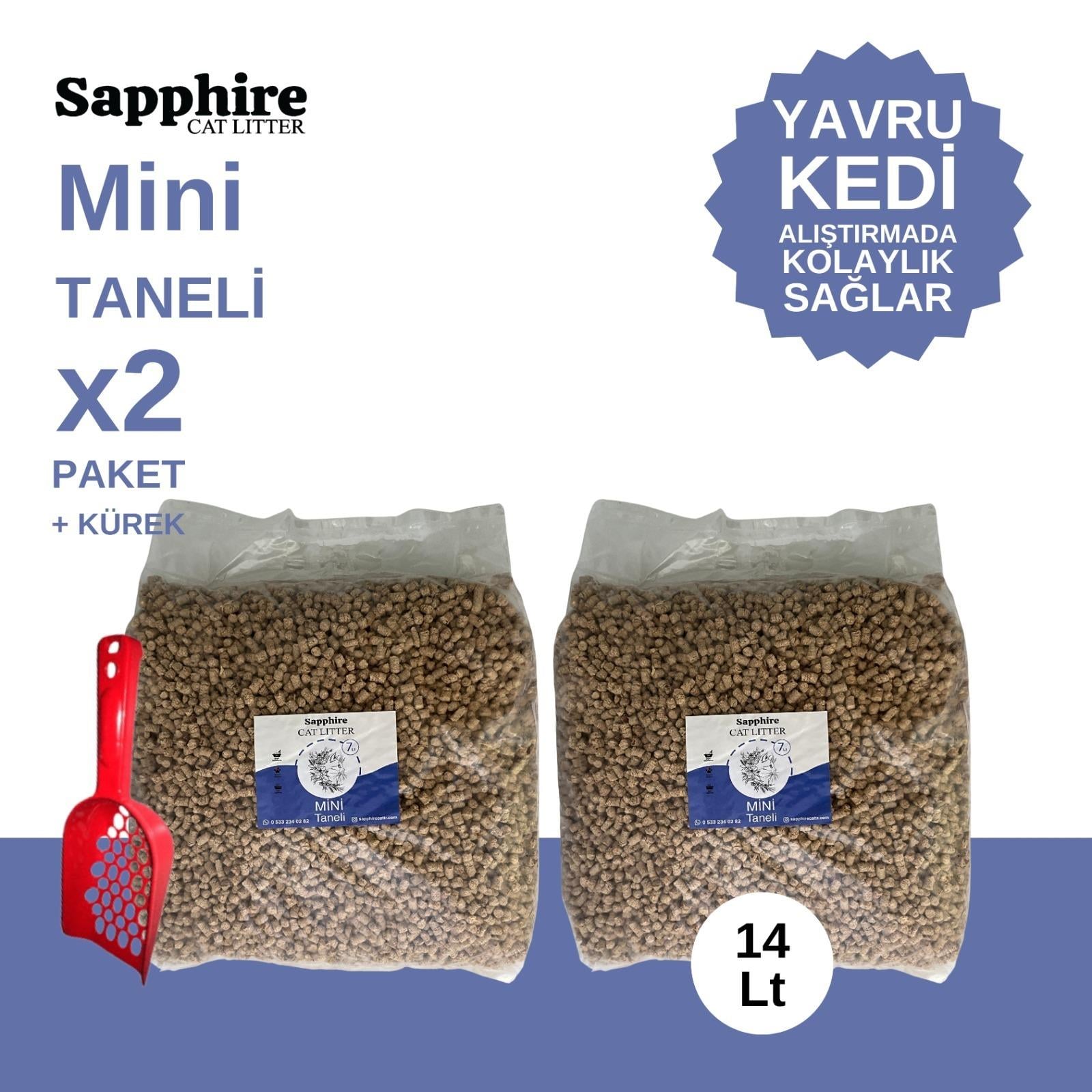 Sapphire Mini Topaklanan Tozsuz İnce Taneli Kedi Kumu 14 Lt + Kürek (7 Lt x 2 Adet)
