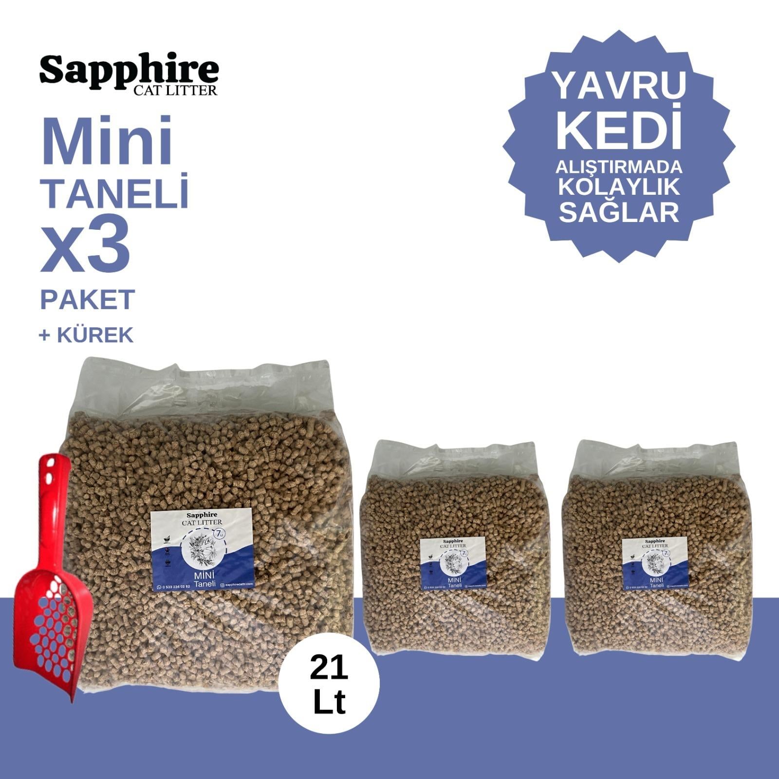 Sapphire Mini Topaklanan Tozsuz İnce Taneli Kedi Kumu 21 Lt + Kürek (7 Lt x 3 Adet)