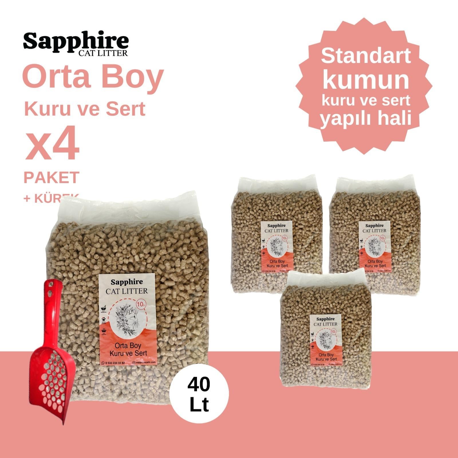 Sapphire Orta Boy Kuru ve Sert Topaklanan Kedi Kumu 40 Lt + Kürek (10 Lt x 4 Adet)