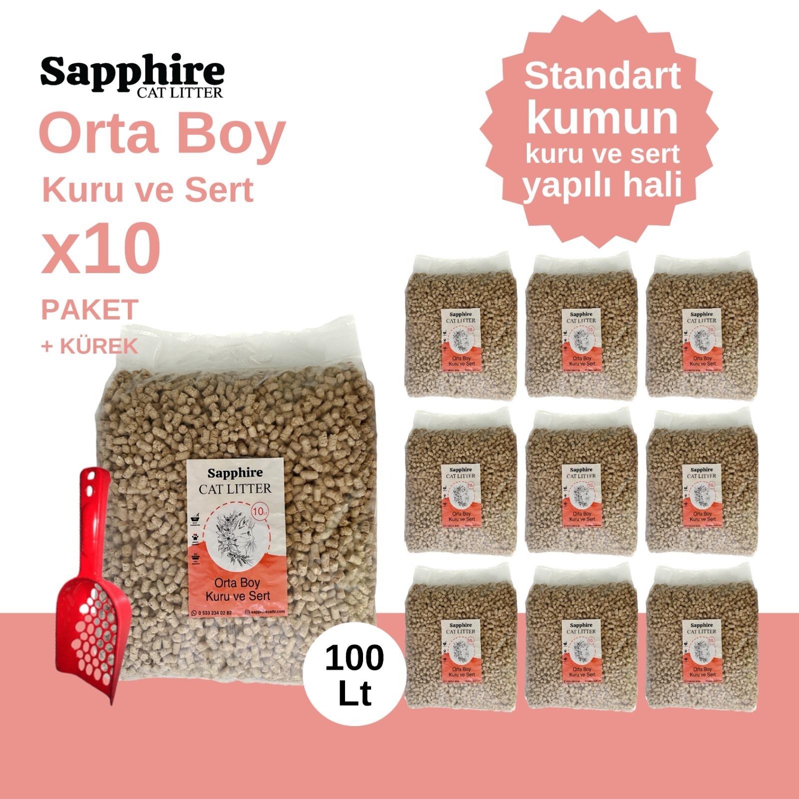 Sapphire Orta Boy Kuru ve Sert Topaklanan Kedi Kumu 100 Lt + Kürek (10 Lt x 10 Adet)