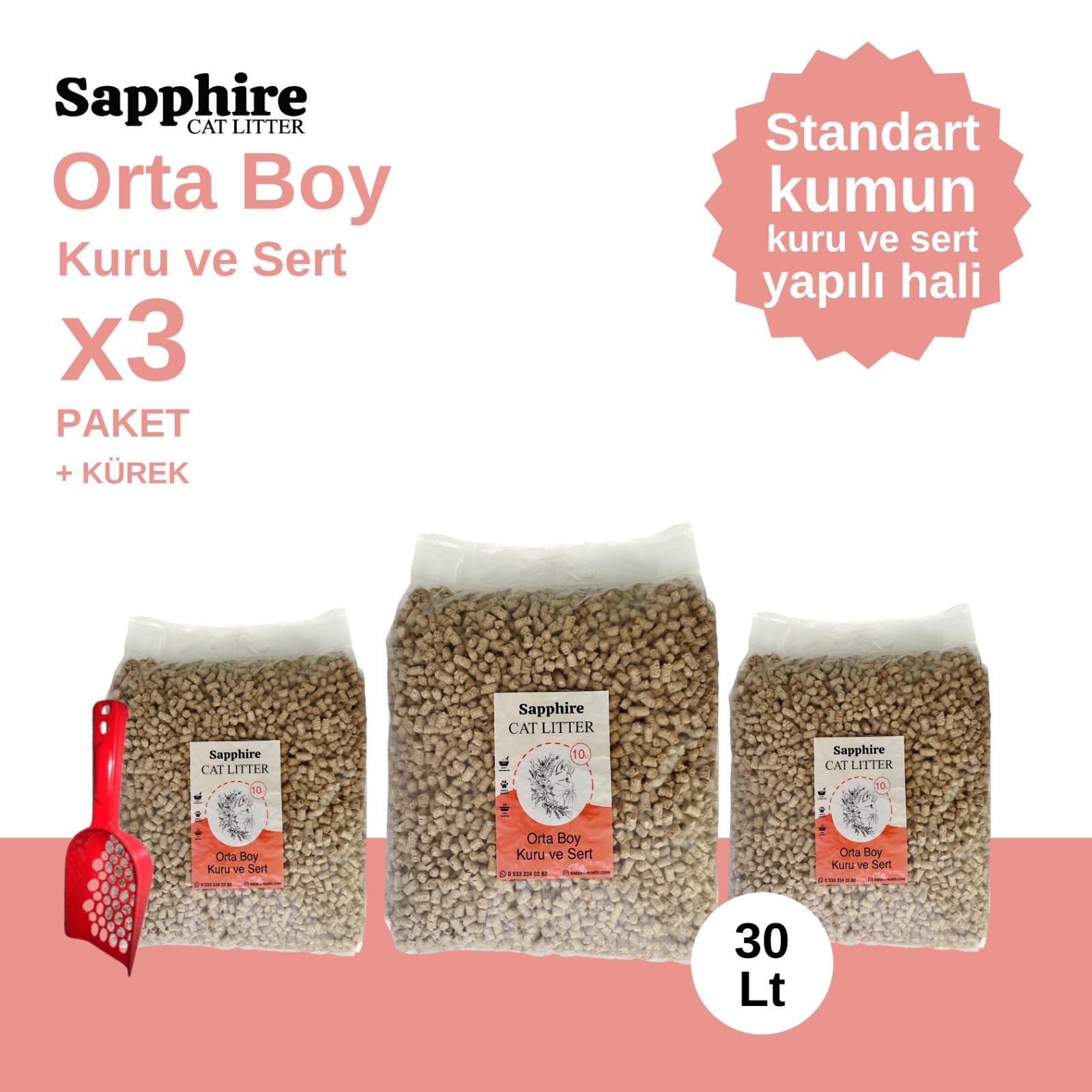 Sapphire Orta Boy Kuru ve Sert Topaklanan Kedi Kumu 30 Lt + Kürek (10 Lt x 3 Adet)