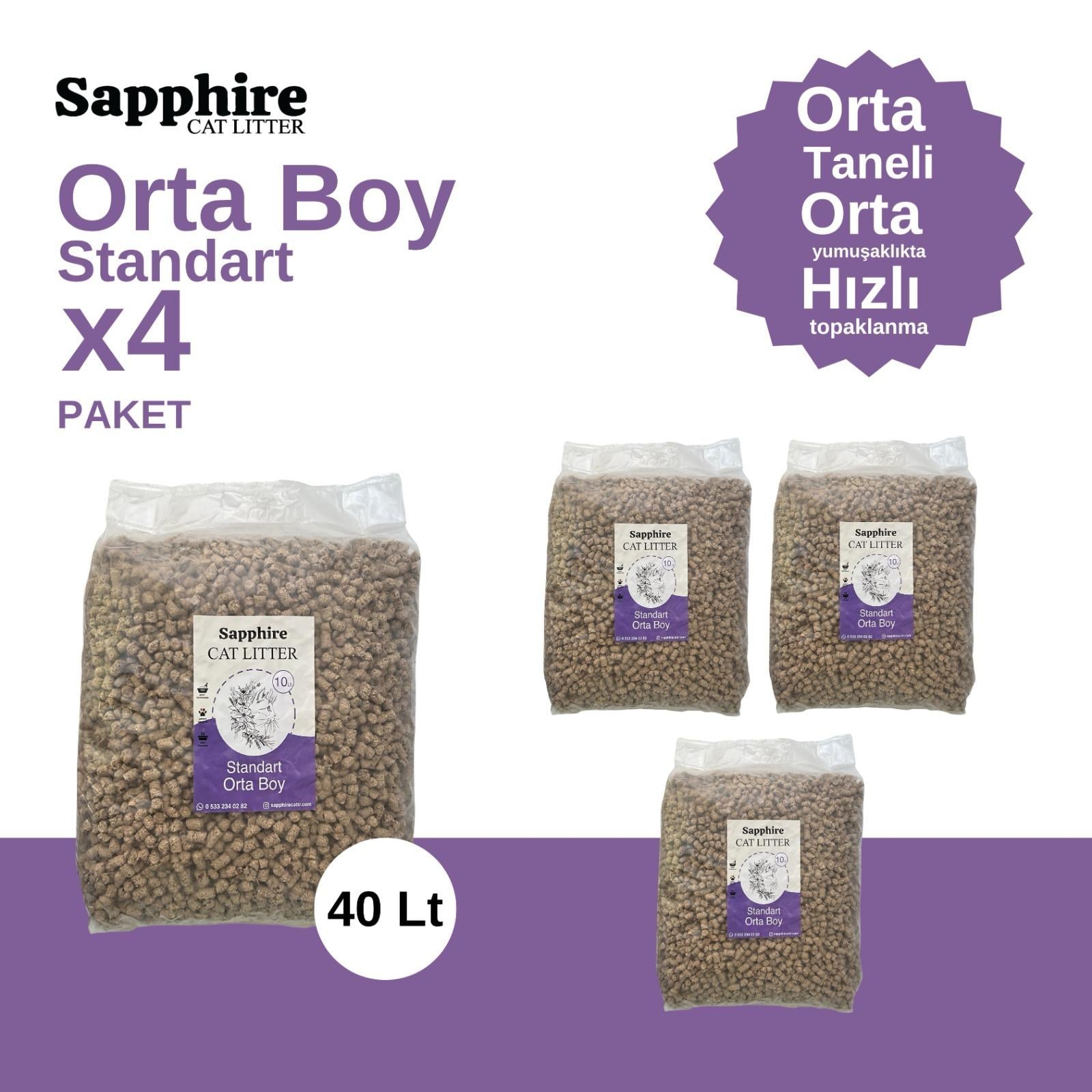 Sapphire Standart Orta Boy Orta Taneli Hızlı Topaklanan Kedi Kumu 40 Lt (10 Lt x 4 Adet)