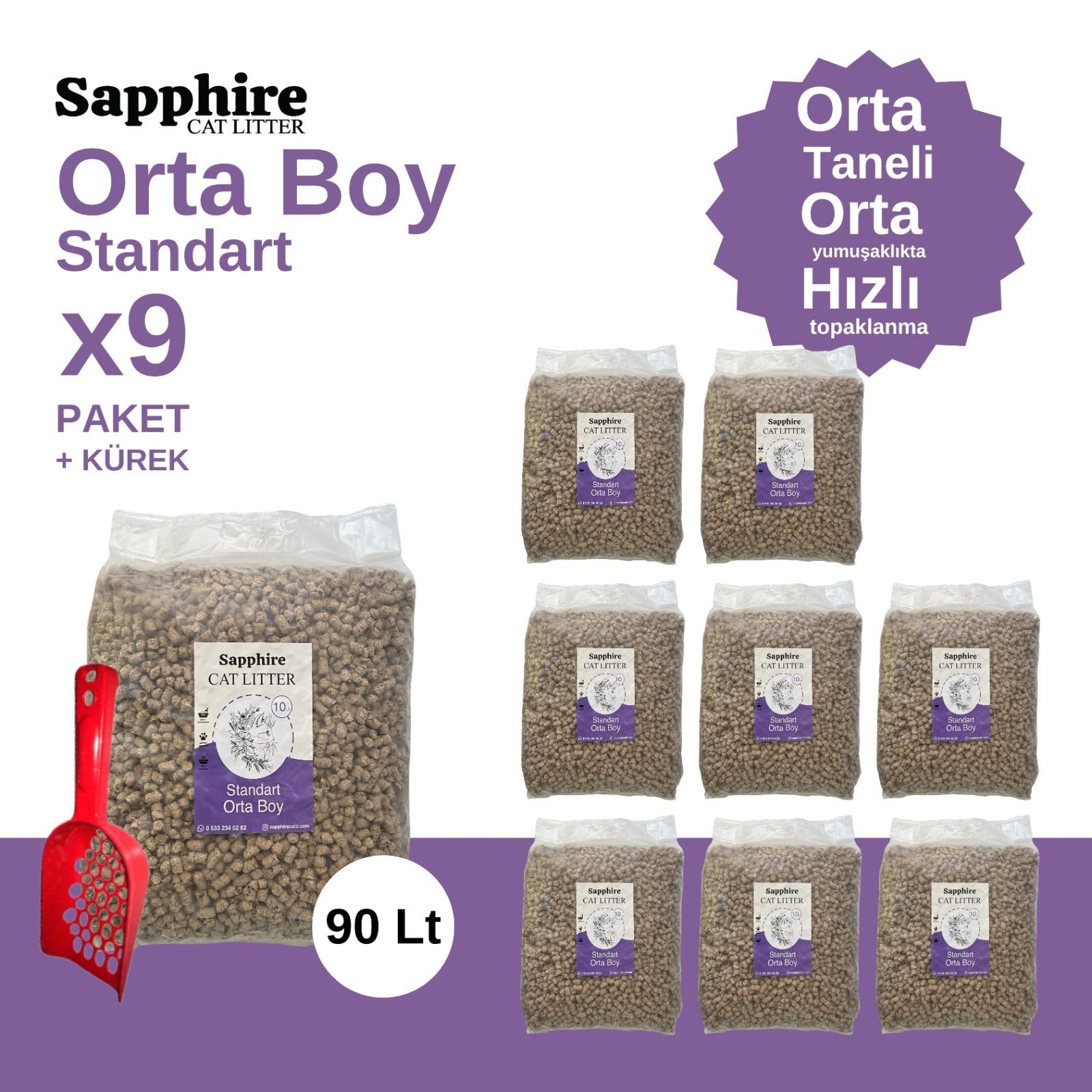Sapphire Standart Orta Boy Orta Taneli Hızlı Topaklanan Kedi Kumu 90 Lt + Kürek (10 Lt x 9 Adet)