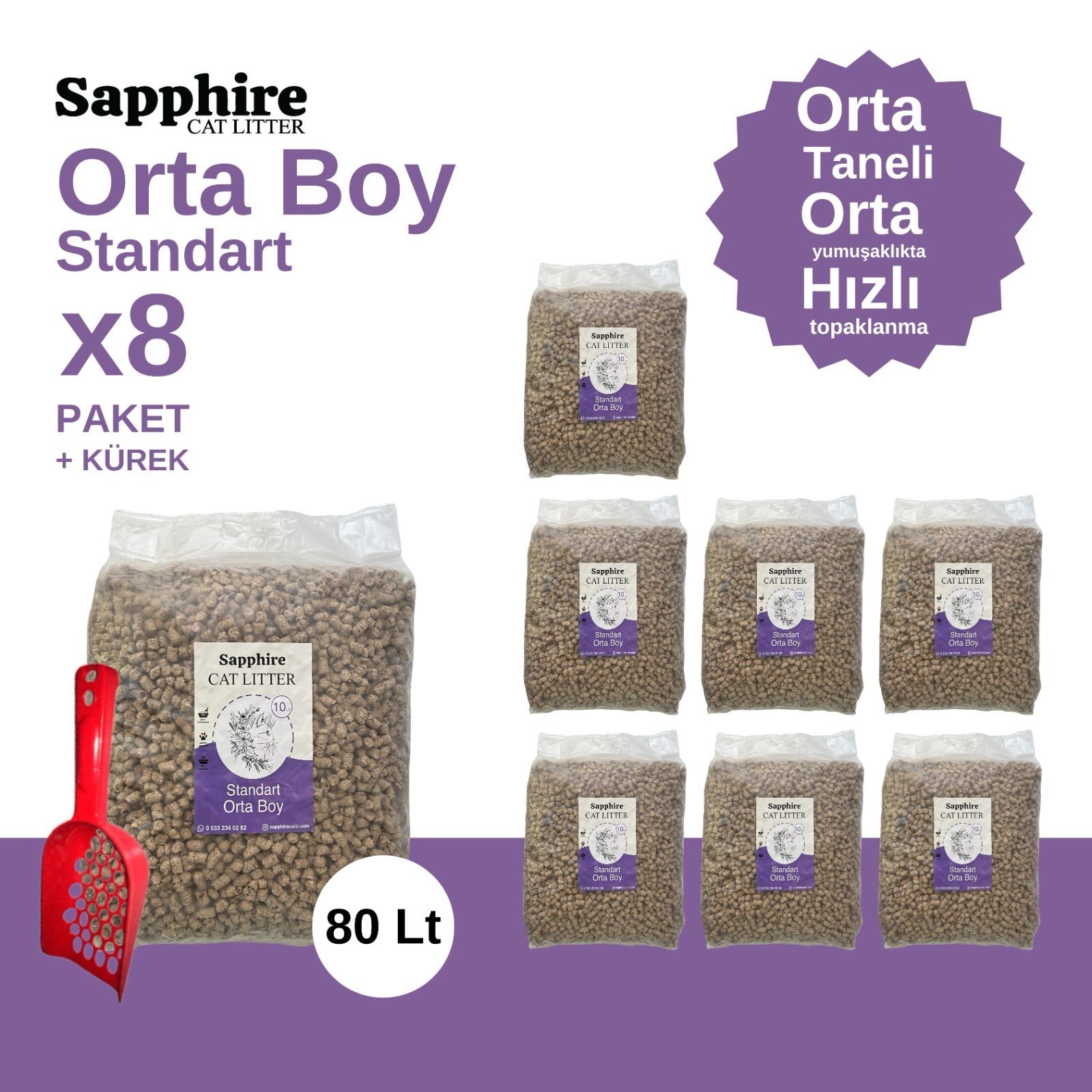 Sapphire Standart Orta Boy Orta Taneli Hızlı Topaklanan Kedi Kumu 80 Lt + Kürek (10 Lt x 8 Adet)
