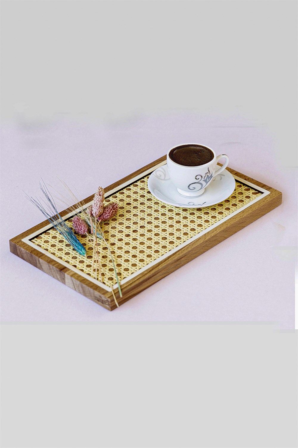 Golden Edge Ahşap Hazeran Rattan Tepsi