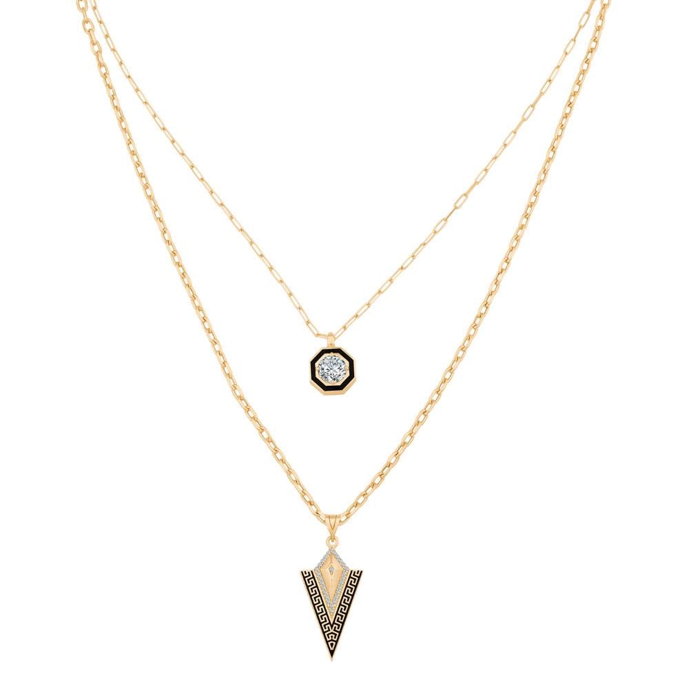 Çift Zincir Siyah Mineli Üçgen Kolye