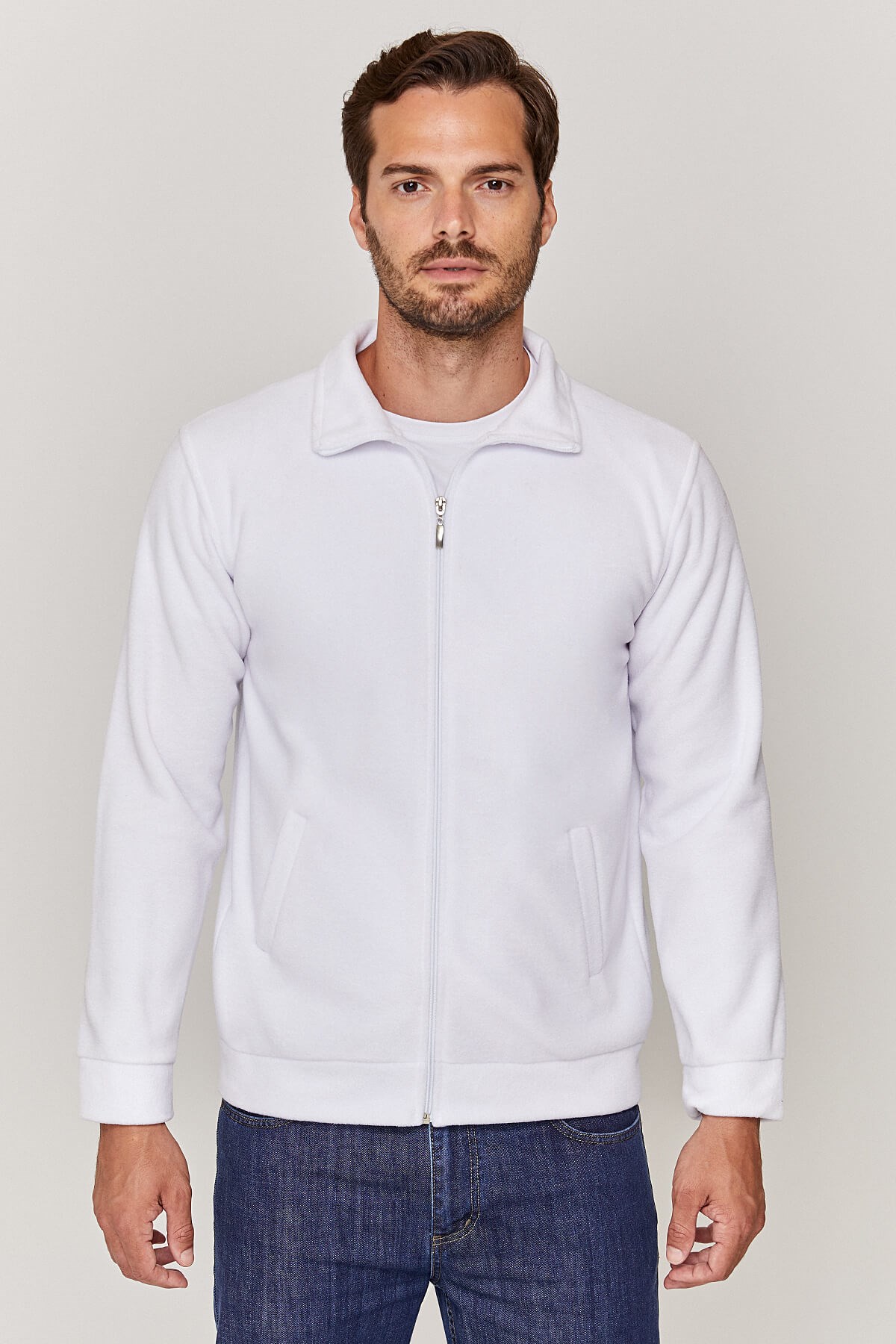 Unisex Tam fermuarlı Beyaz Polar Ceket