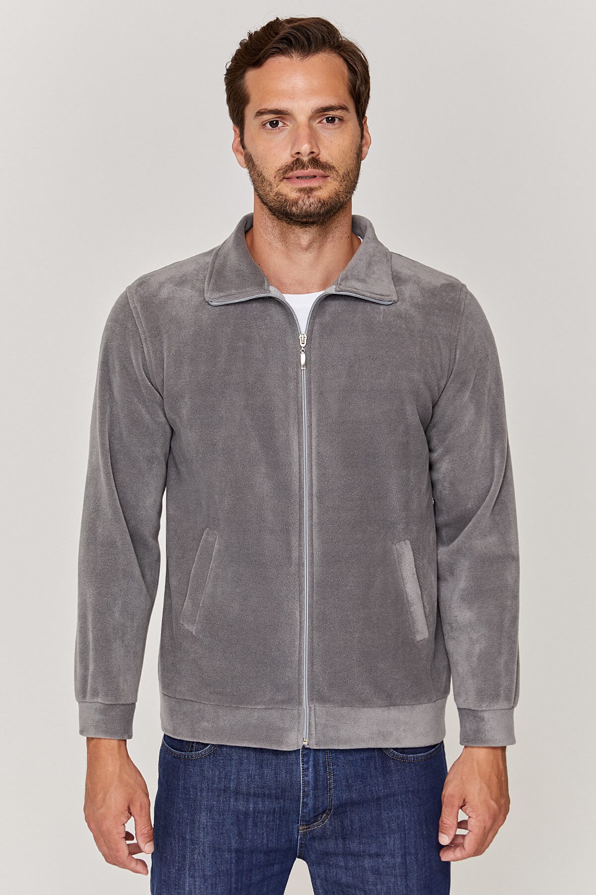 Unisex Tam fermuarlı Gri Polar Ceket