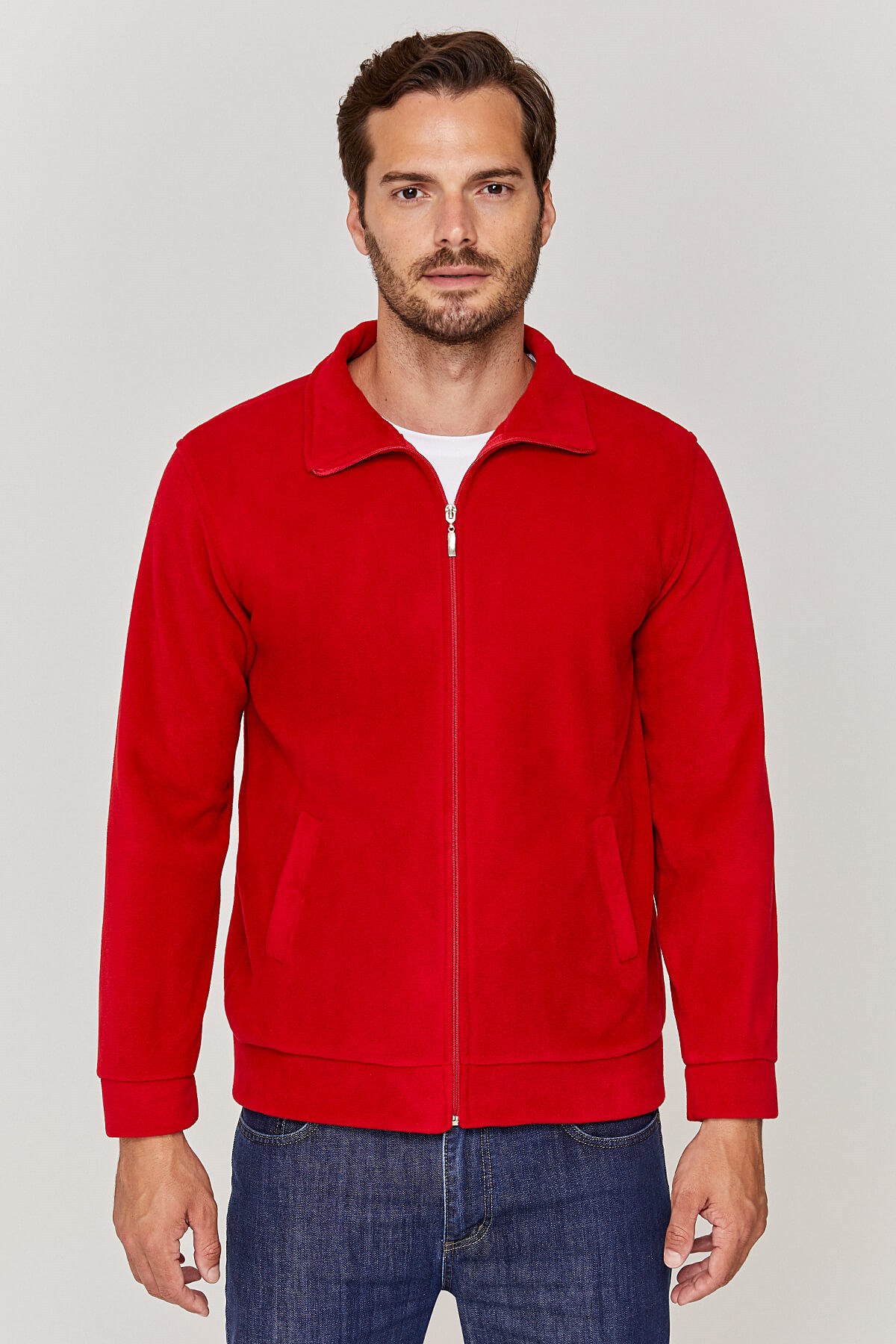 Unisex Tam fermuarlı Kırmızı Polar Ceket