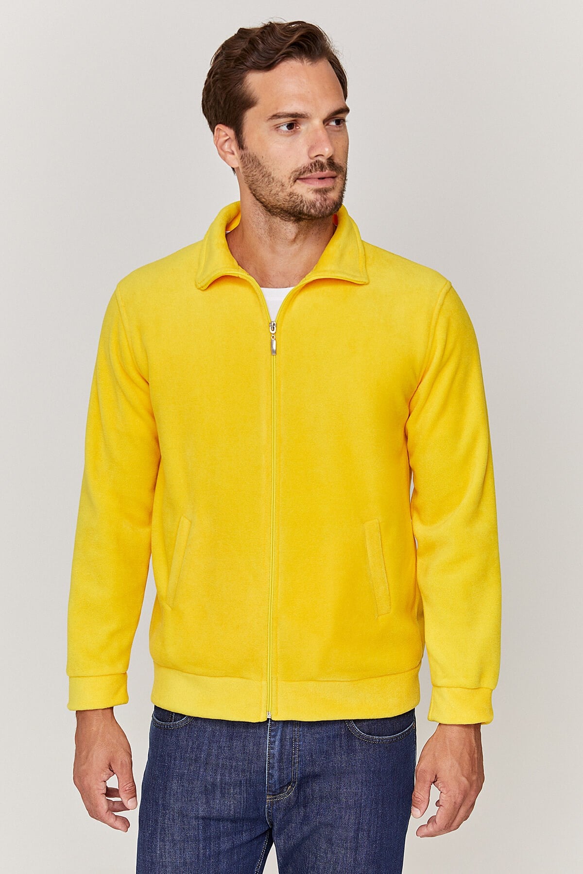 Unisex Tam fermuarlı Sarı Polar Ceket