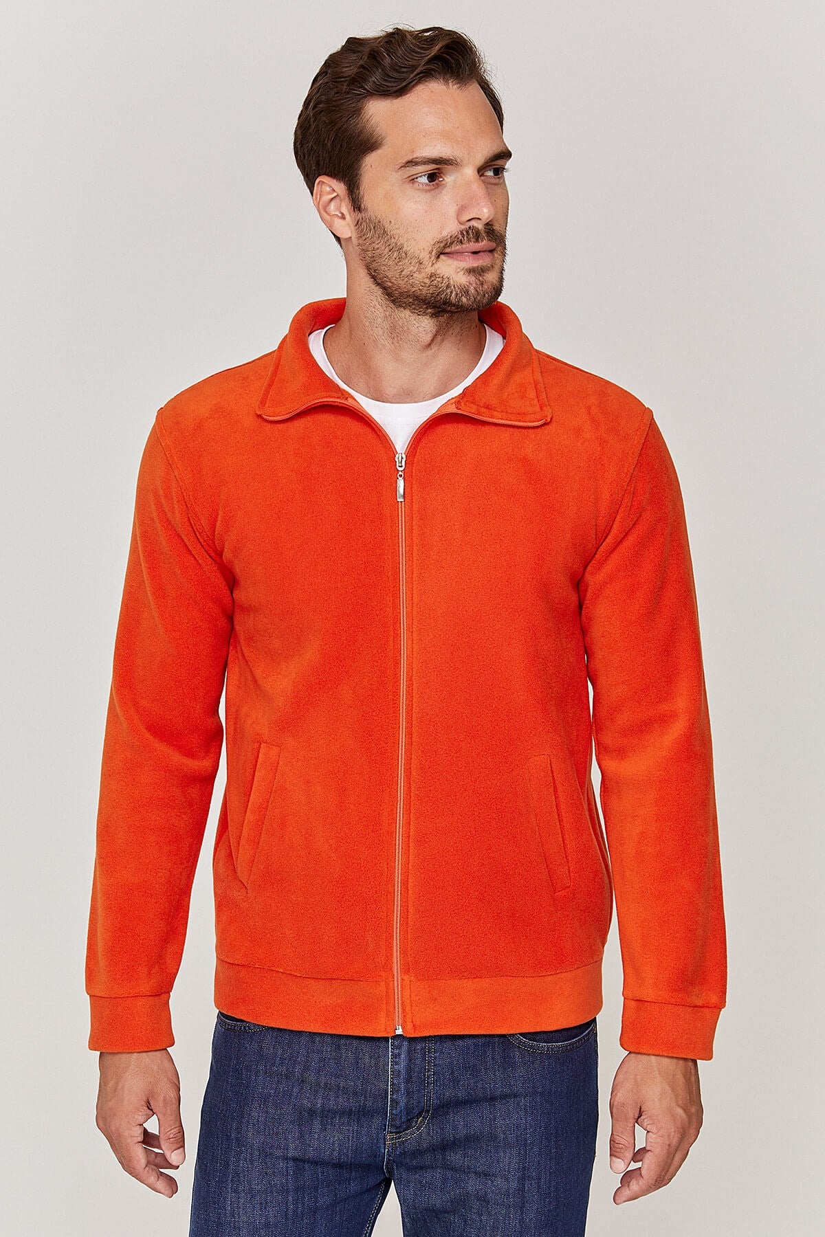 Unisex Tam fermuarlı Turuncu Polar Ceket