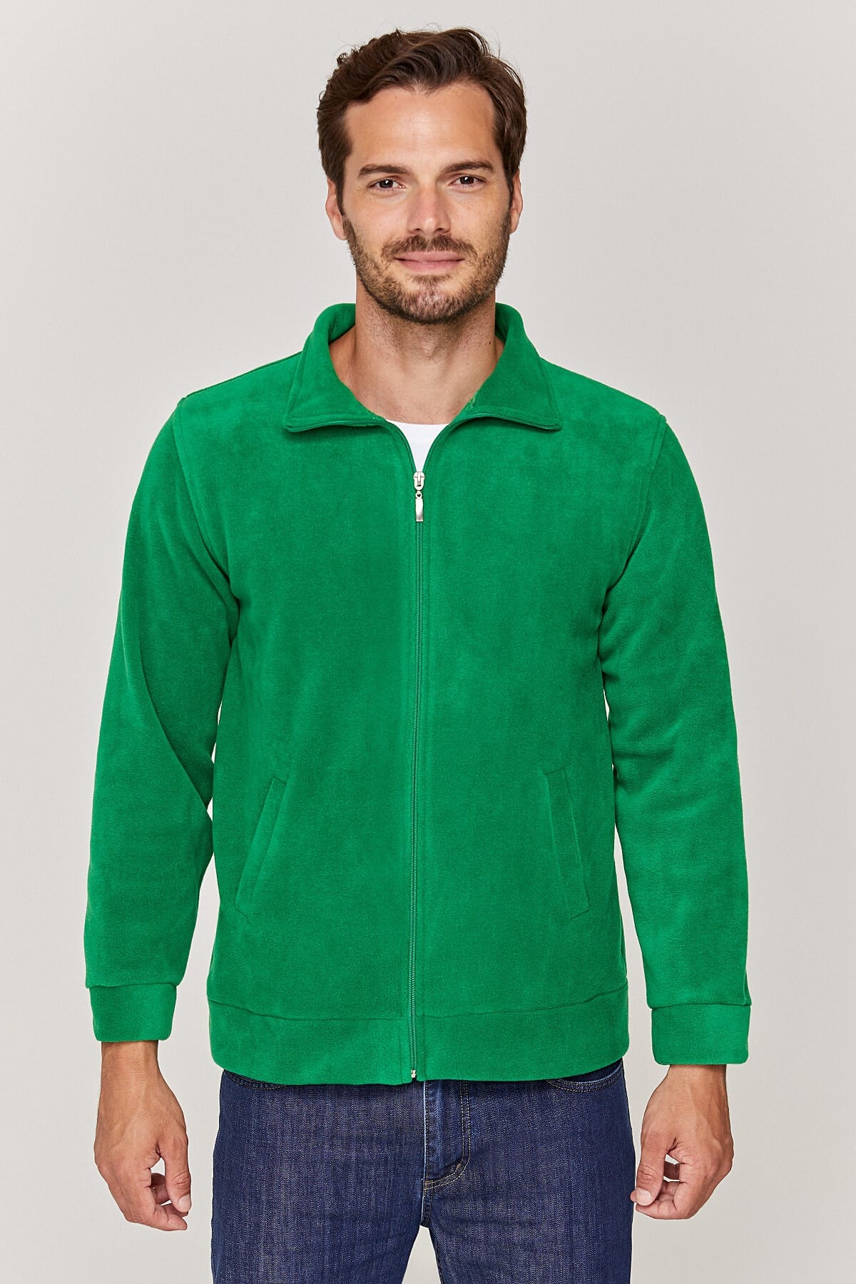 Unisex Tam fermuarlı Yeşil Polar Ceket