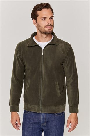 Unisex Tam fermuarlı Haki Yeşil Polar Ceket
