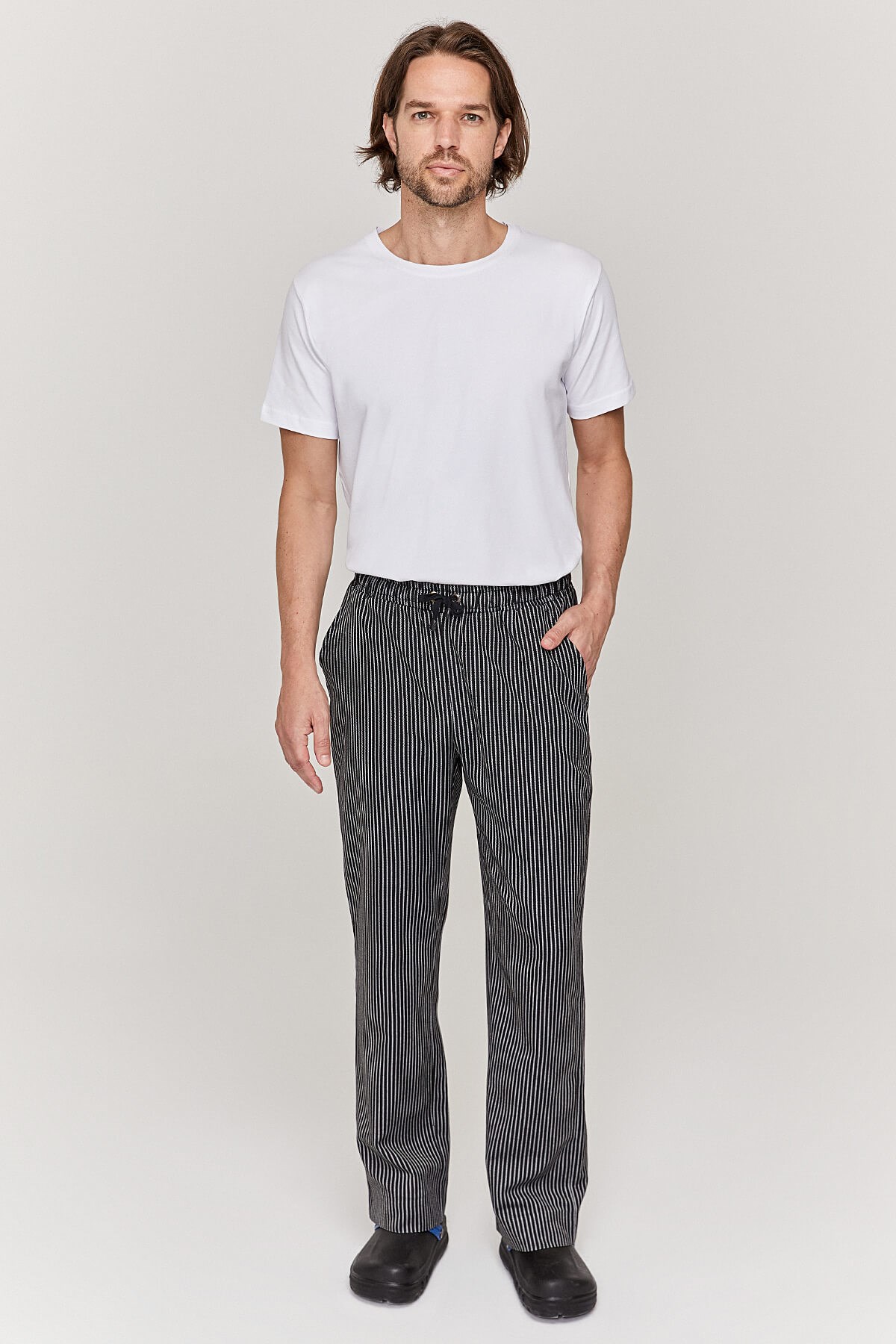Unisex Beyaz Çizgili Siyah Aşçı Pantolon