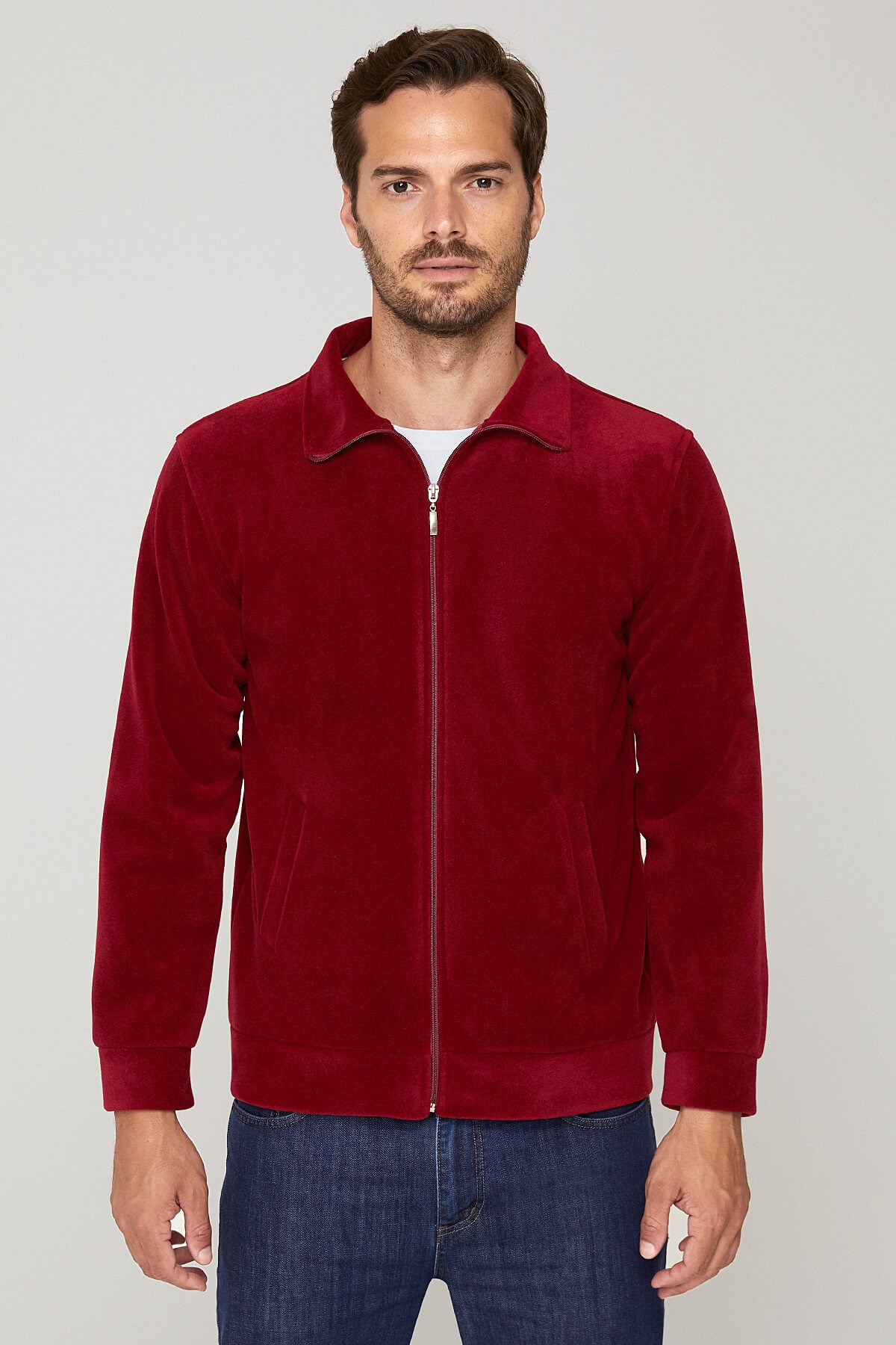 Unisex Tam fermuarlı Bordo Ceket