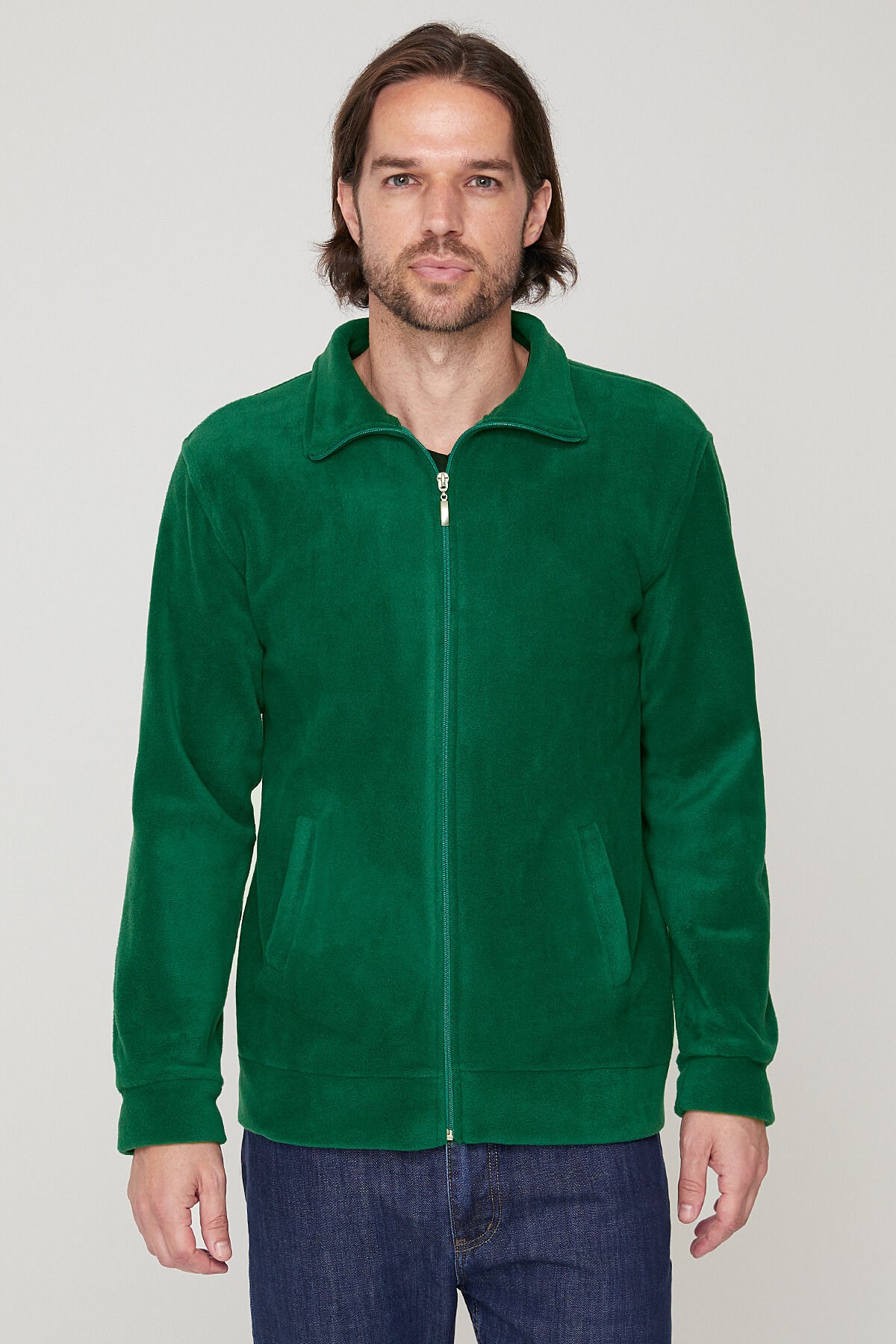 Unisex Tam fermuarlı Koyu Yeşil Polar Ceket