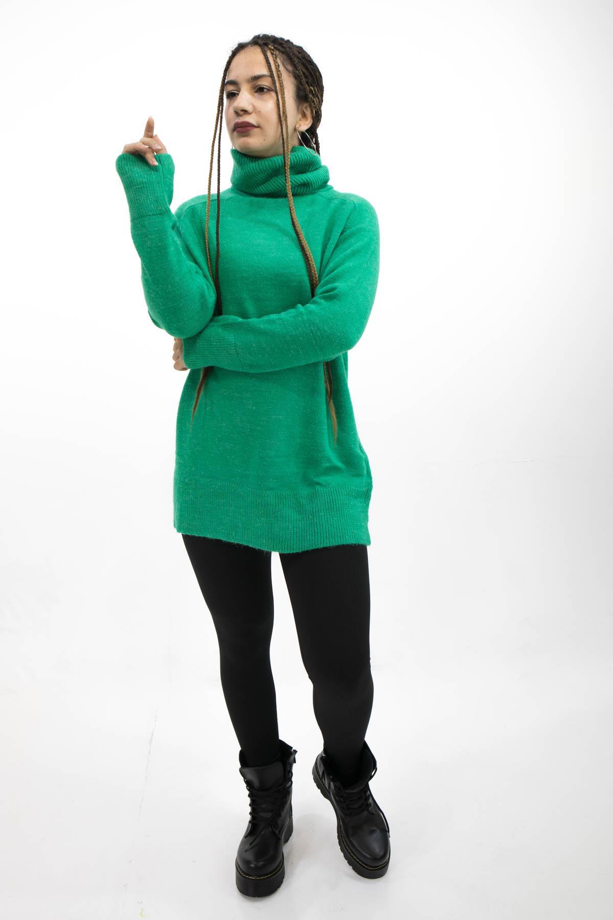 Sermoda Balıkçı Yaka Triko Kadın Kazak 22-547 Yeşil