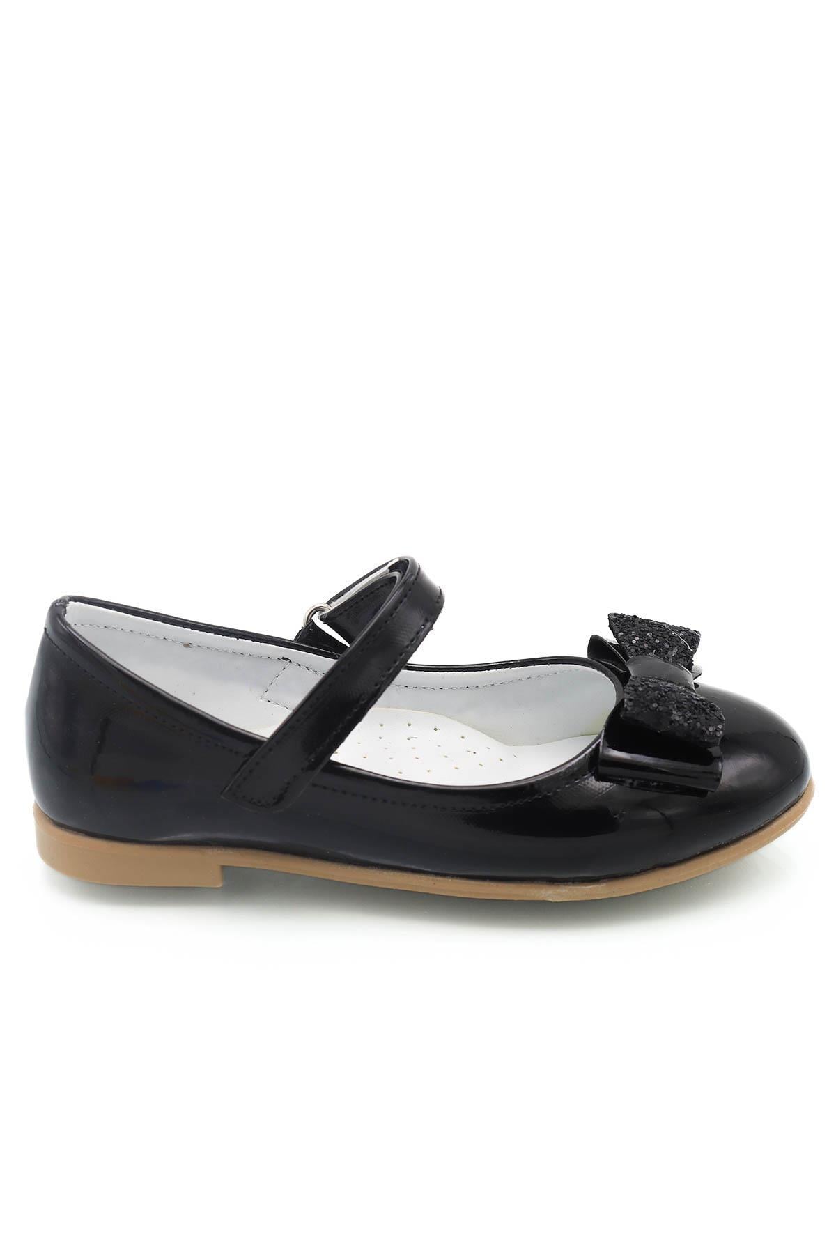 Sermoda Cırtlı Papyonlu Düz Taban Çocuk Babet Rugan Siyah