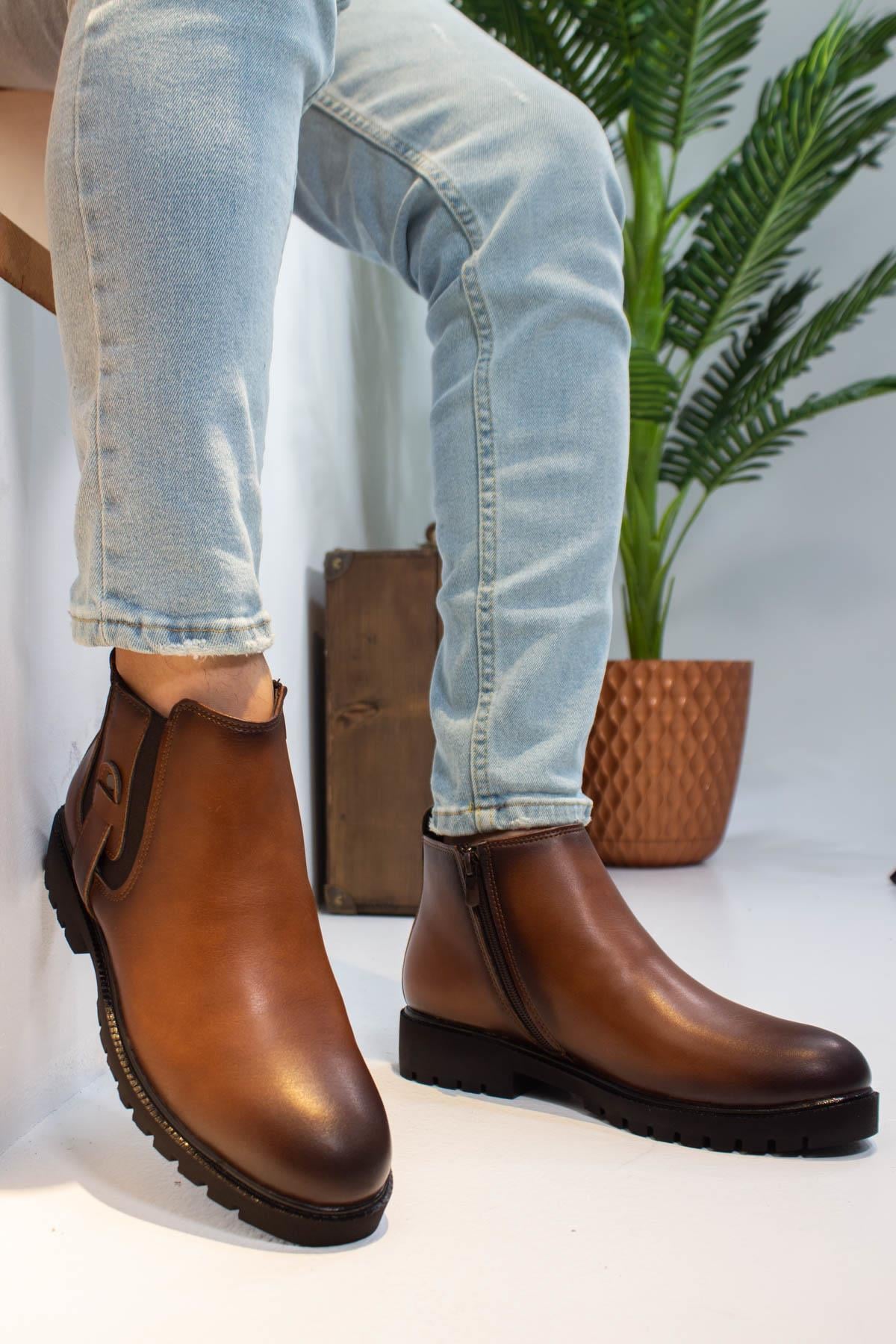 Sermoda Fermuarlı Ökçeli Hafif Taban Erkek Kışlık Bot Taba